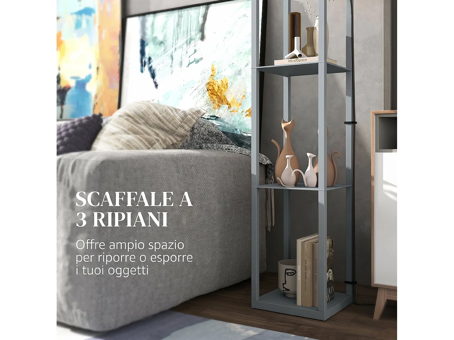 Lampada da terra con 3 ripiani attacco e27 26x26x160 cm grigio chiaro