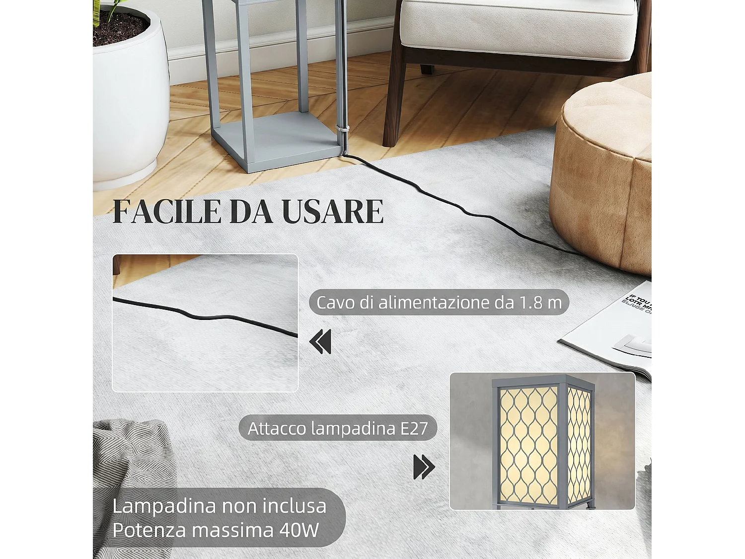 Lampada da terra con 3 ripiani attacco e27 26x26x160 cm grigio chiaro