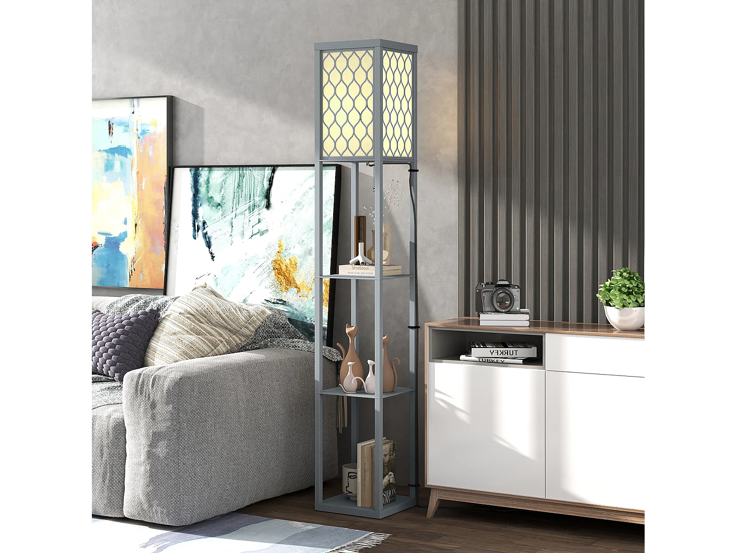 Lampada da terra con 3 ripiani attacco e27 26x26x160 cm grigio chiaro