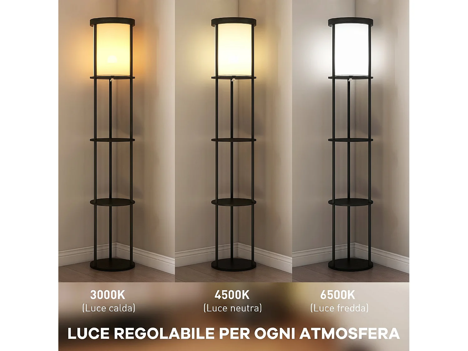 Lampada da terra led con ripiani rotondi e telecomando nero