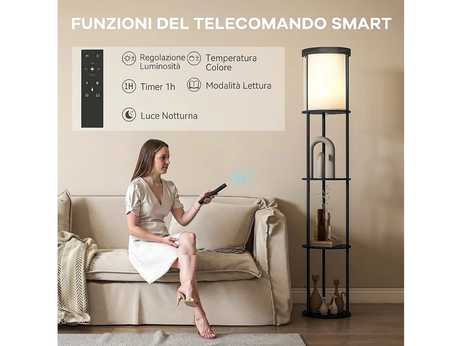 Lampada da terra led con ripiani rotondi e telecomando nero