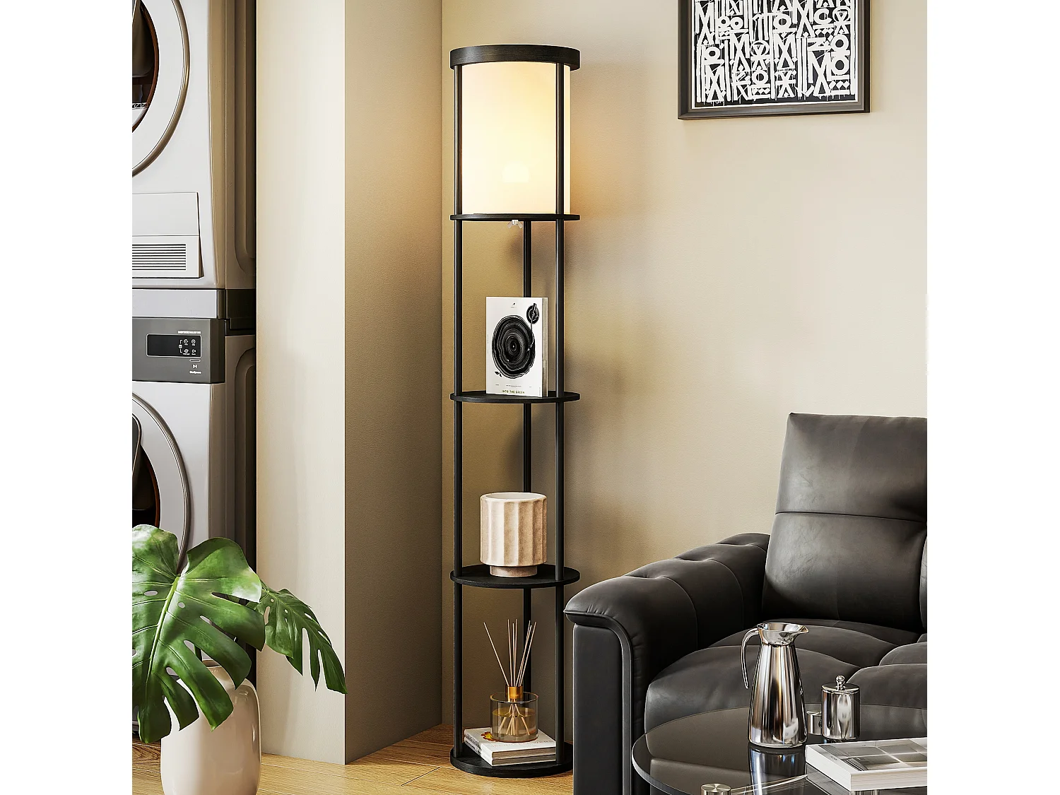 Lampada da terra led con ripiani rotondi e telecomando nero