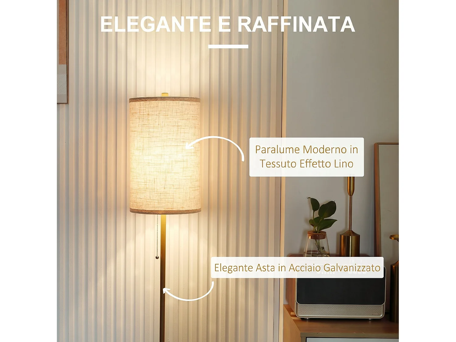 Lampada da terra con paralume e interruttore a catena oro