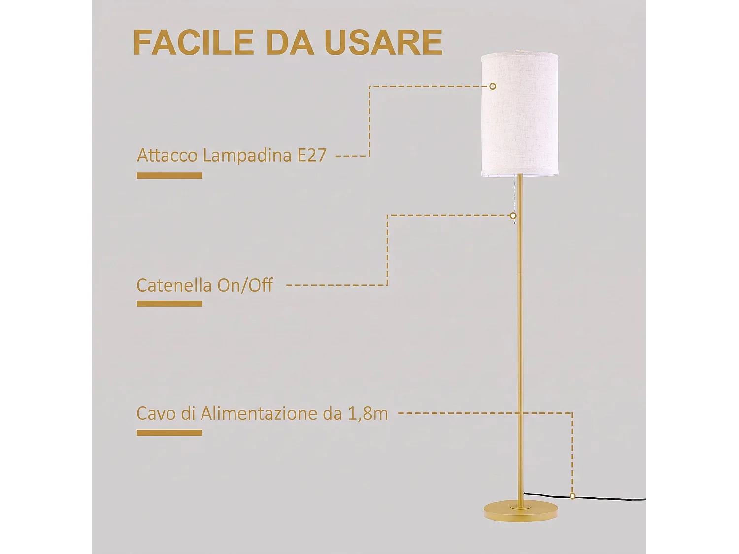 Lampada da terra con paralume e interruttore a catena oro