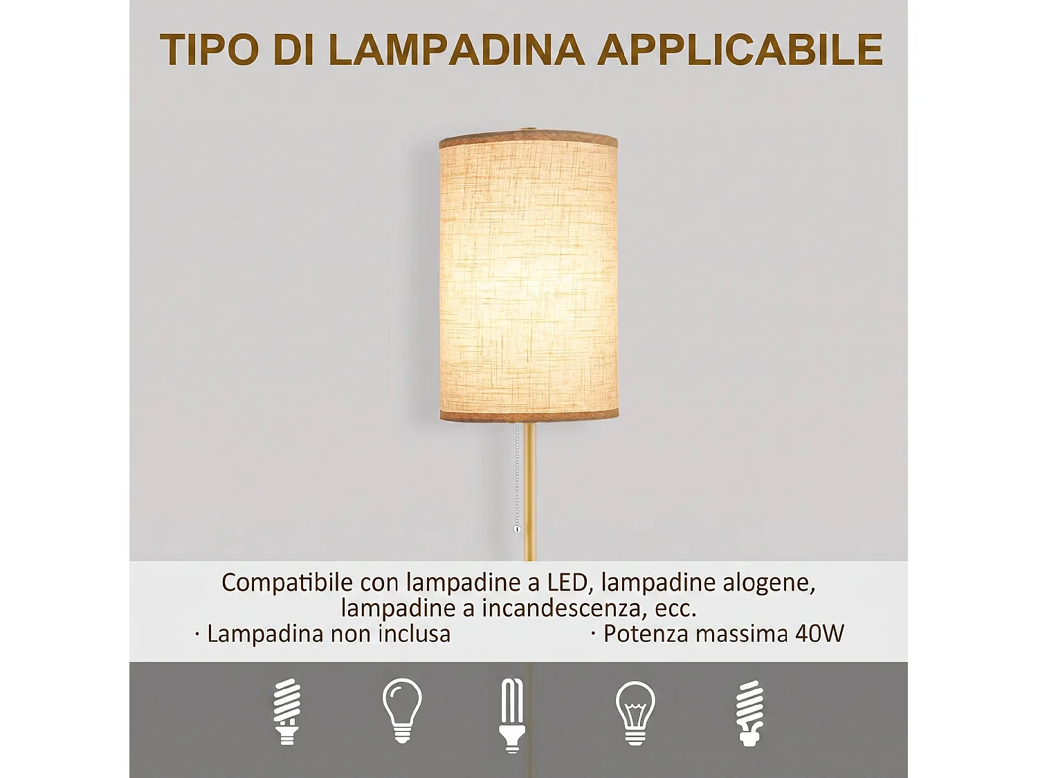 Lampada da terra con paralume e interruttore a catena oro