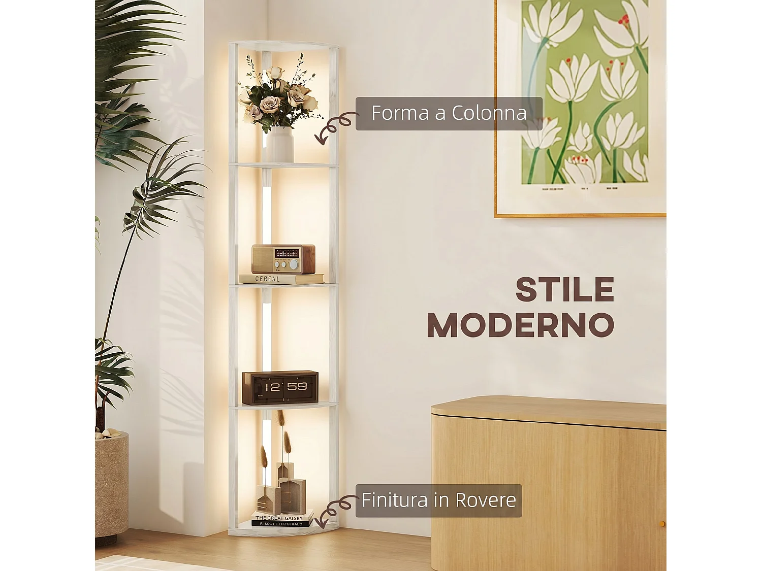 Lampada da terra a 4 ripiani con luce LED regolabile rovere