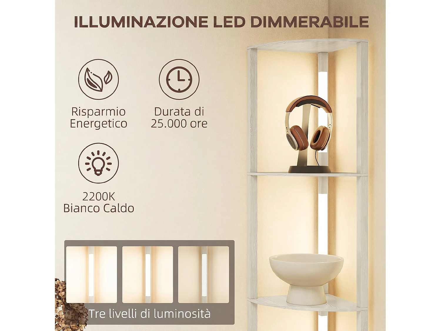 Lampada da terra a 4 ripiani con luce LED regolabile rovere