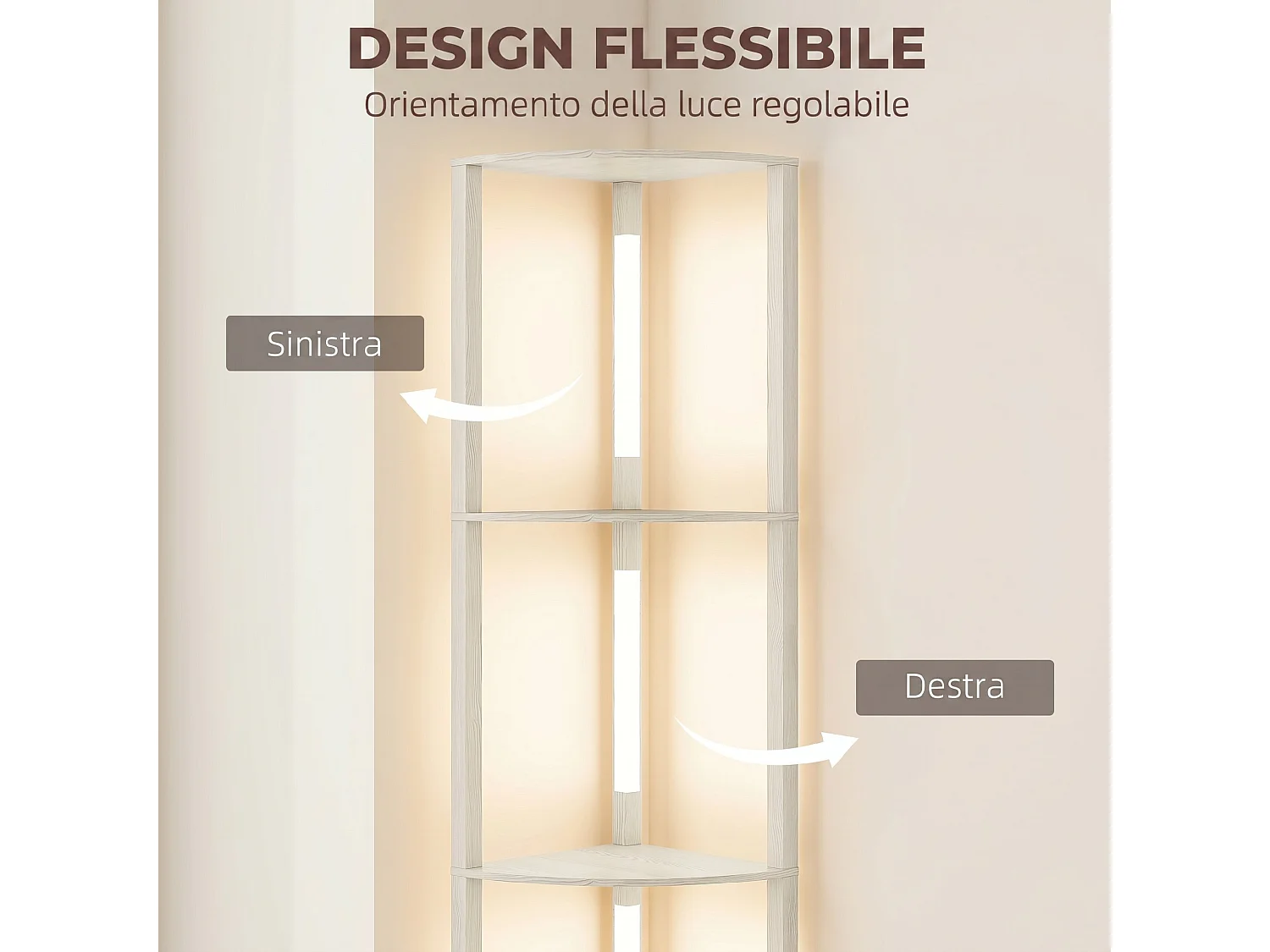 Lampada da terra a 4 ripiani con luce LED regolabile rovere