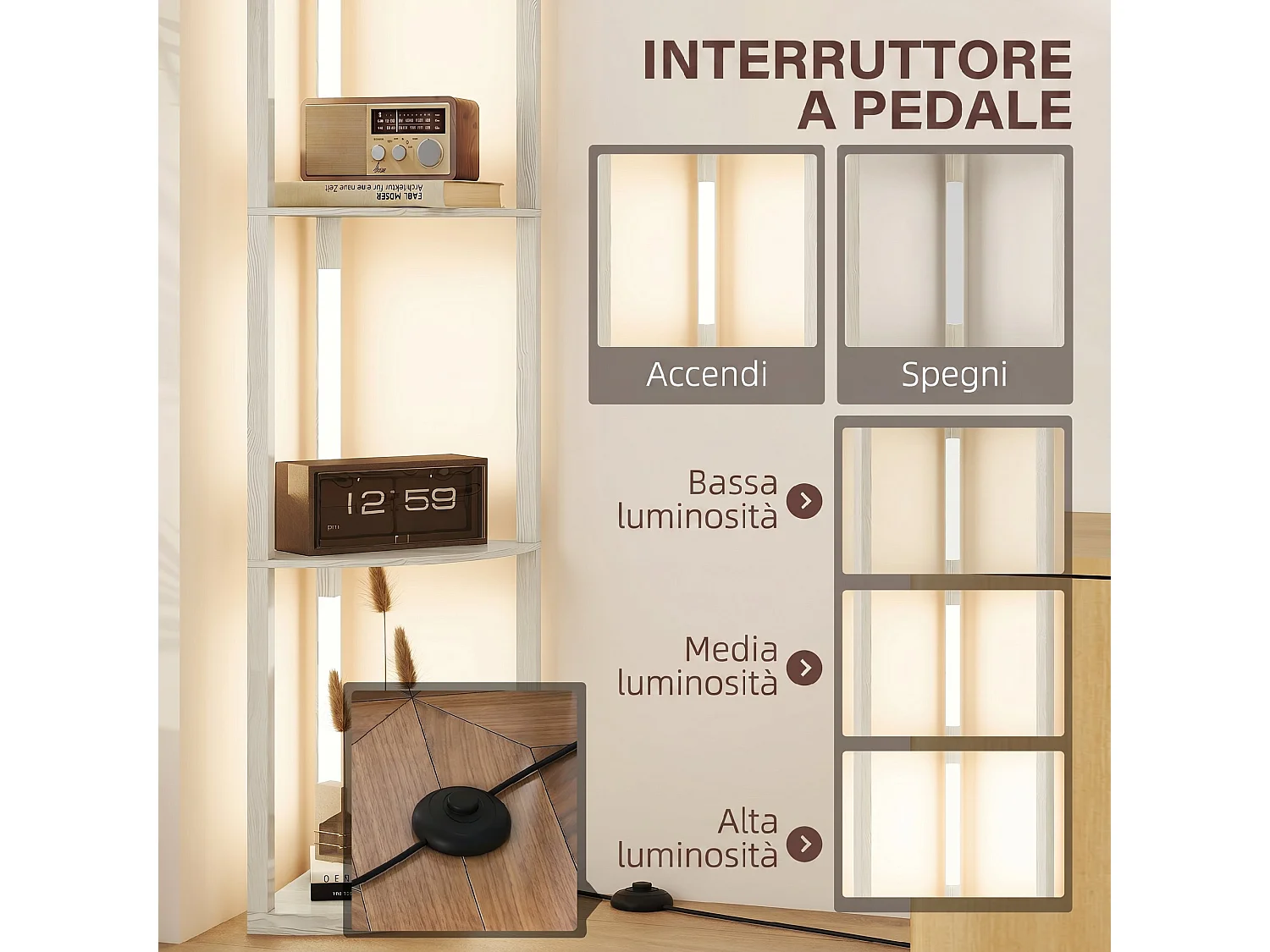 Lampada da terra a 4 ripiani con luce LED regolabile rovere