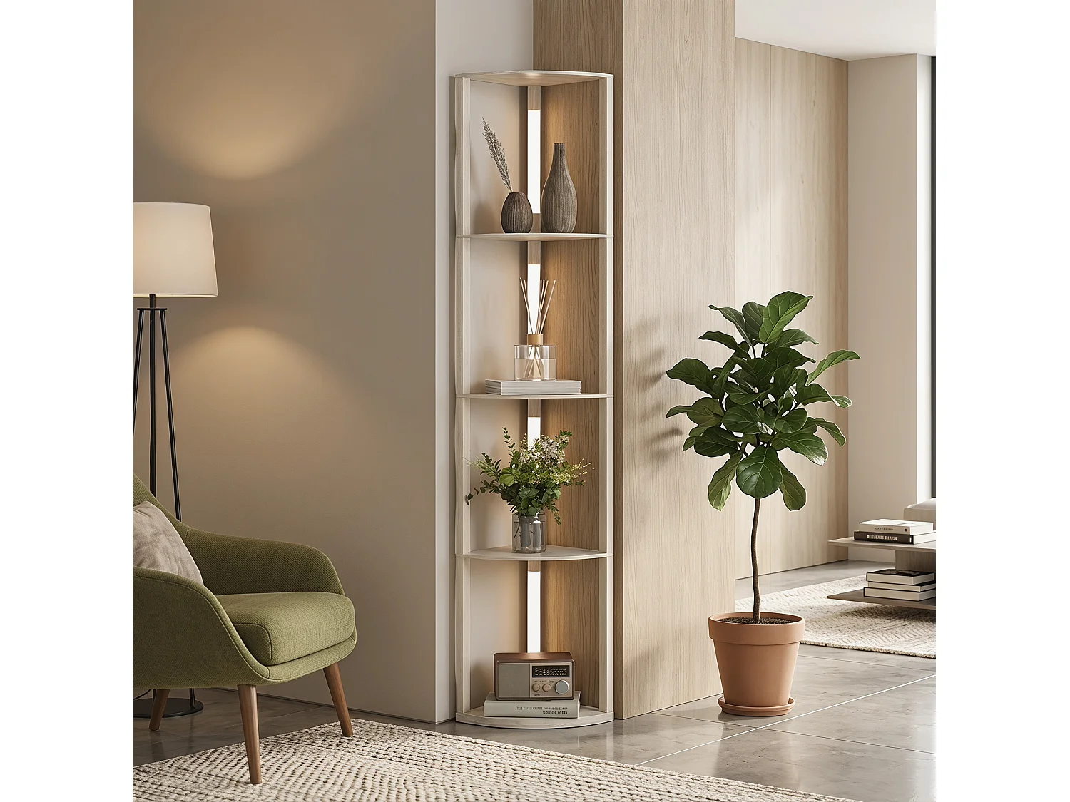 Lampada da terra a 4 ripiani con luce LED regolabile rovere