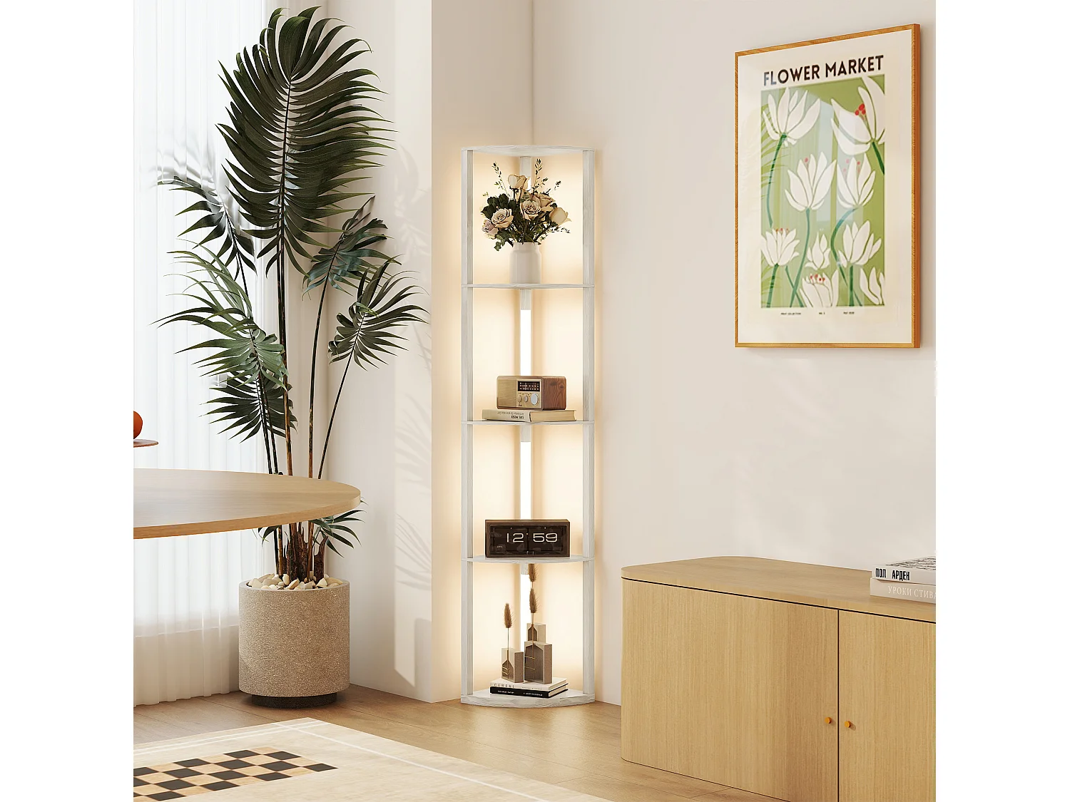 Lampada da terra a 4 ripiani con luce LED regolabile rovere