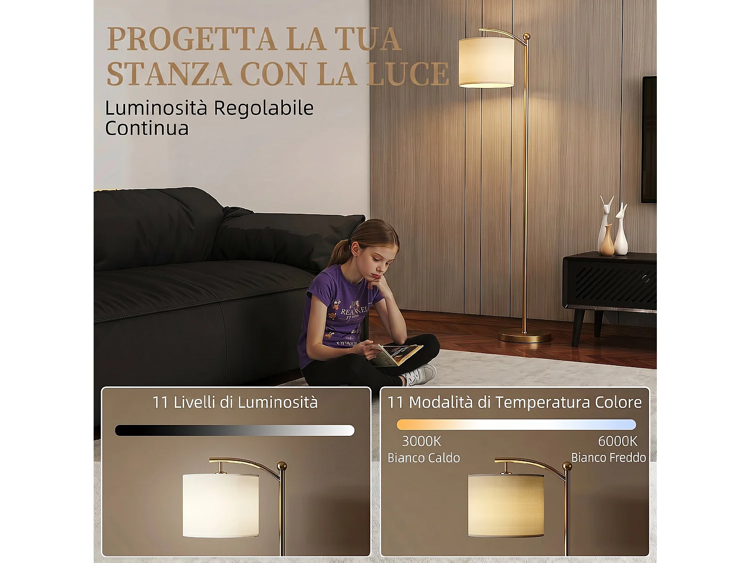 Lampada da terra led dimmerabile con telecomando oro