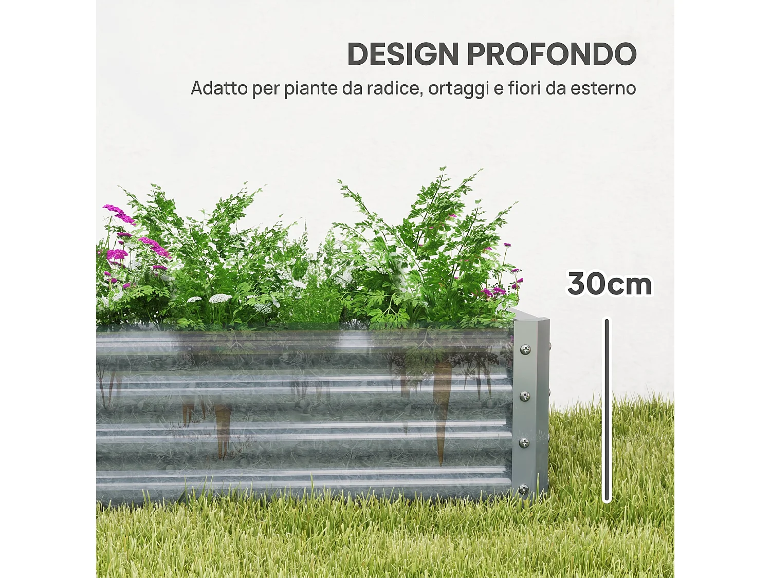 Fioriera da esterno in acciaio con fondo aperto 180x90x30 cm argento