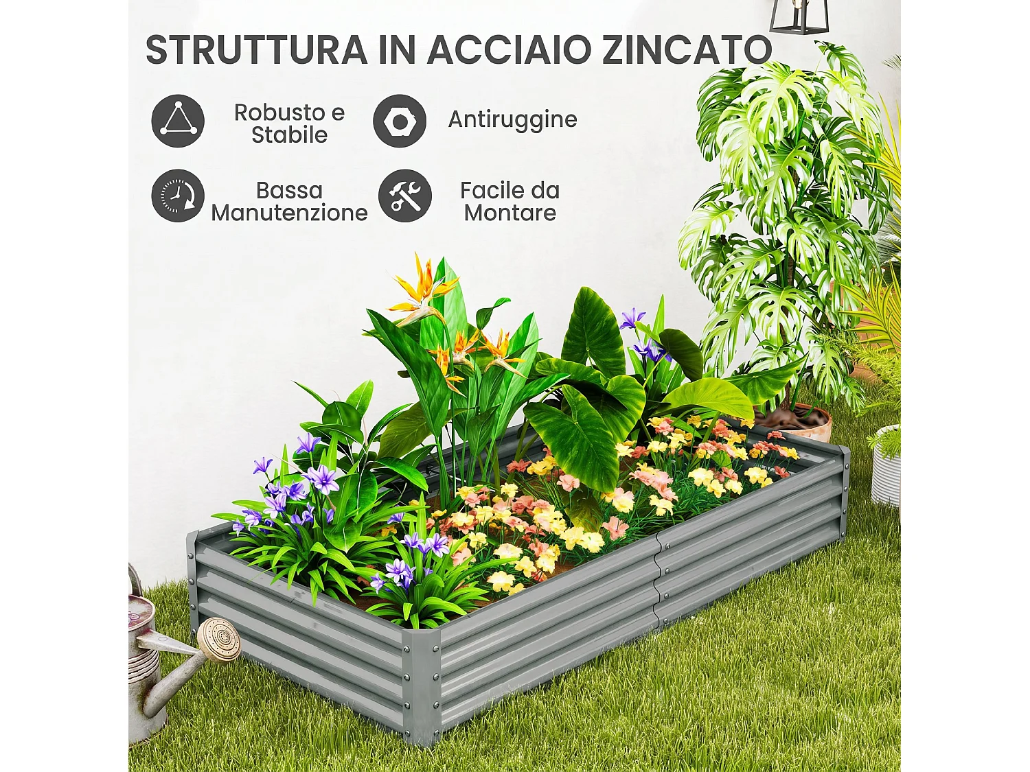 Fioriera da esterno in acciaio con fondo aperto 180x90x30 cm argento
