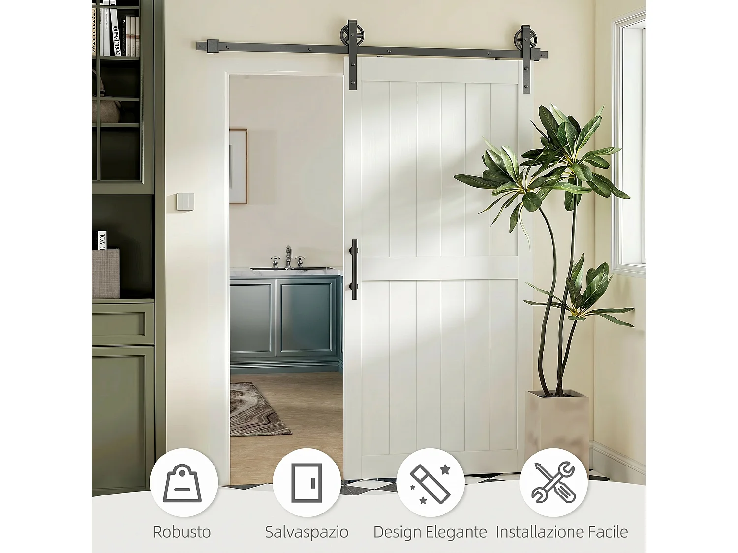 Porta scorrevole in stile country 106.6x213.4cm legno e acciaio bianco