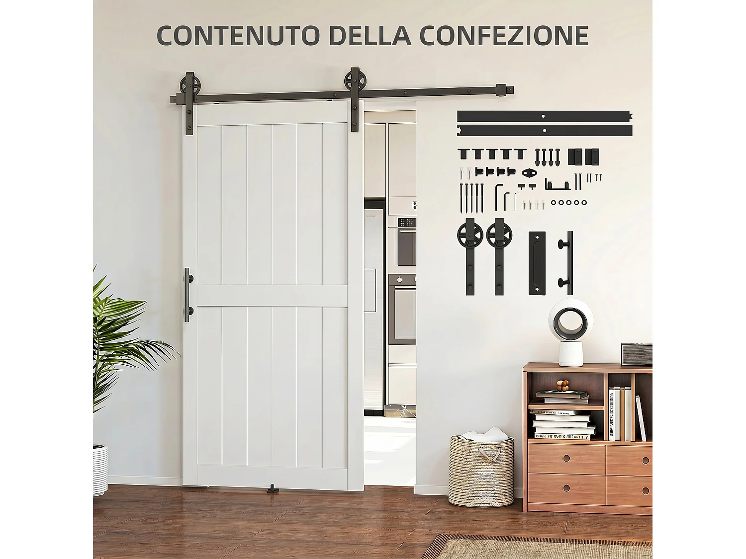 Porta scorrevole in stile country 106.6x213.4cm legno e acciaio bianco