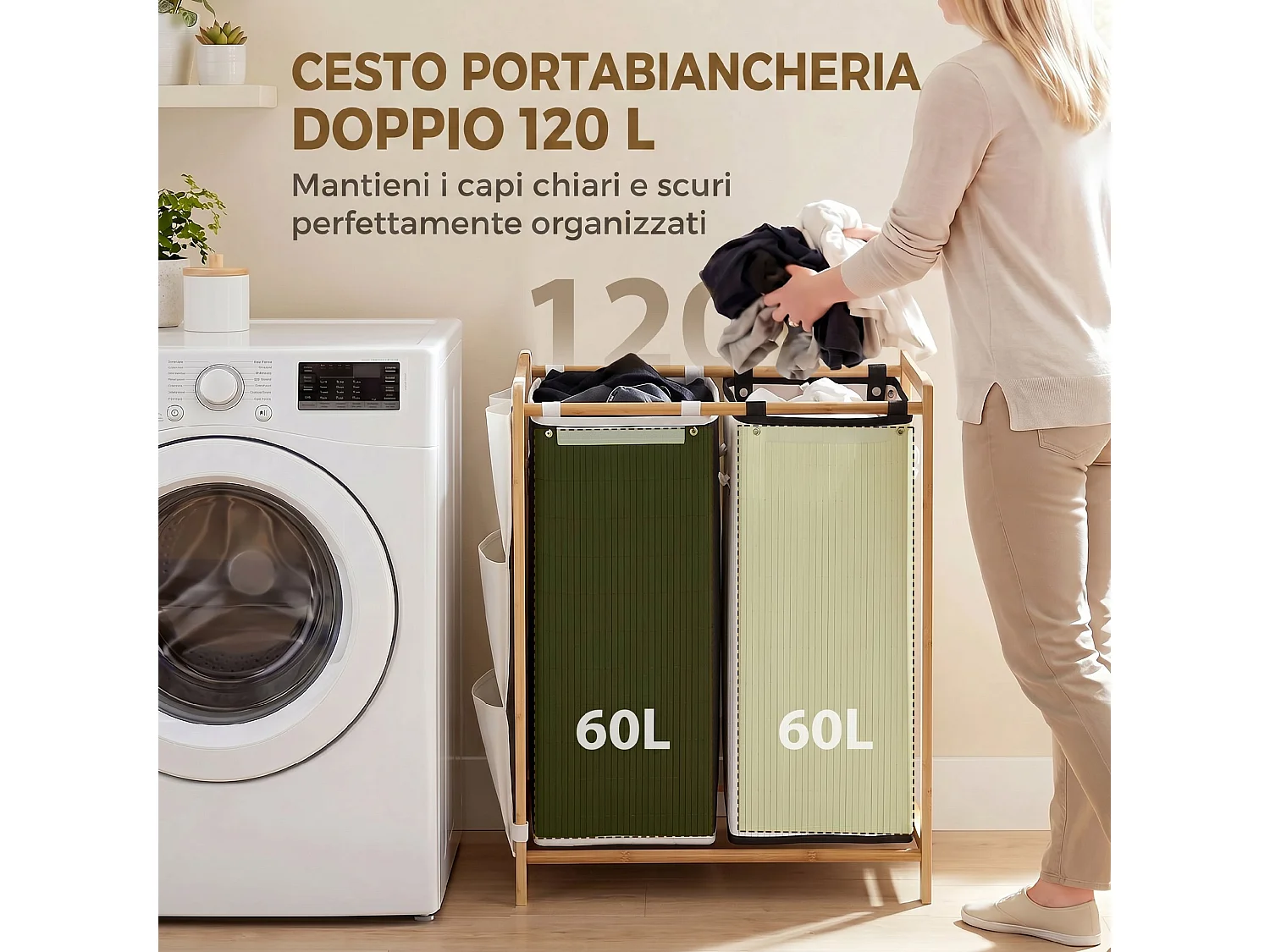 Cesto biancheria con 2 scomparti in bambù nero e bianco