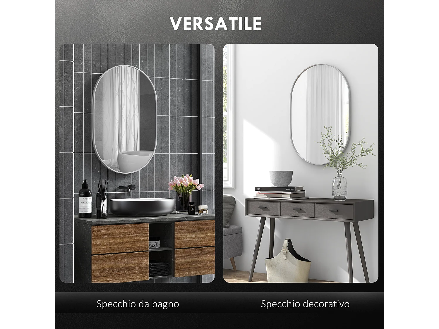 Specchio da bagno ovale a parete in alluminio 60x90 cm argento