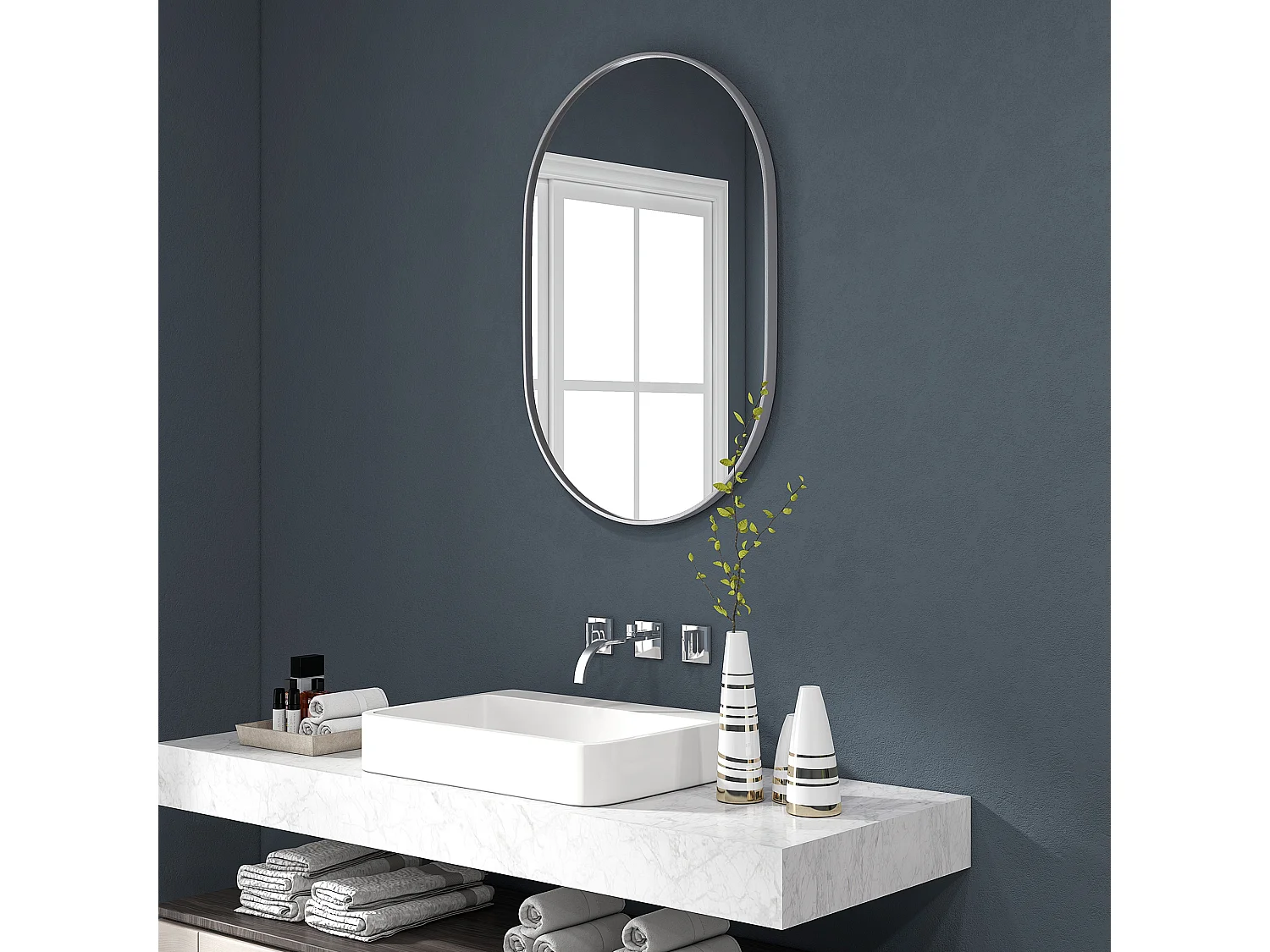 Specchio da bagno ovale a parete in alluminio 60x90 cm argento