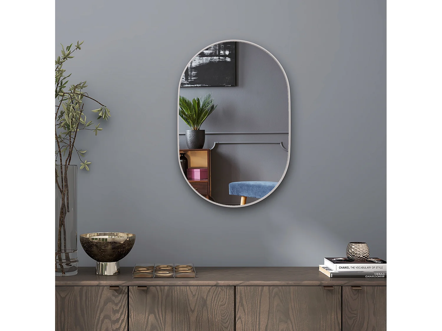 Specchio da bagno ovale a parete in alluminio 60x90 cm argento