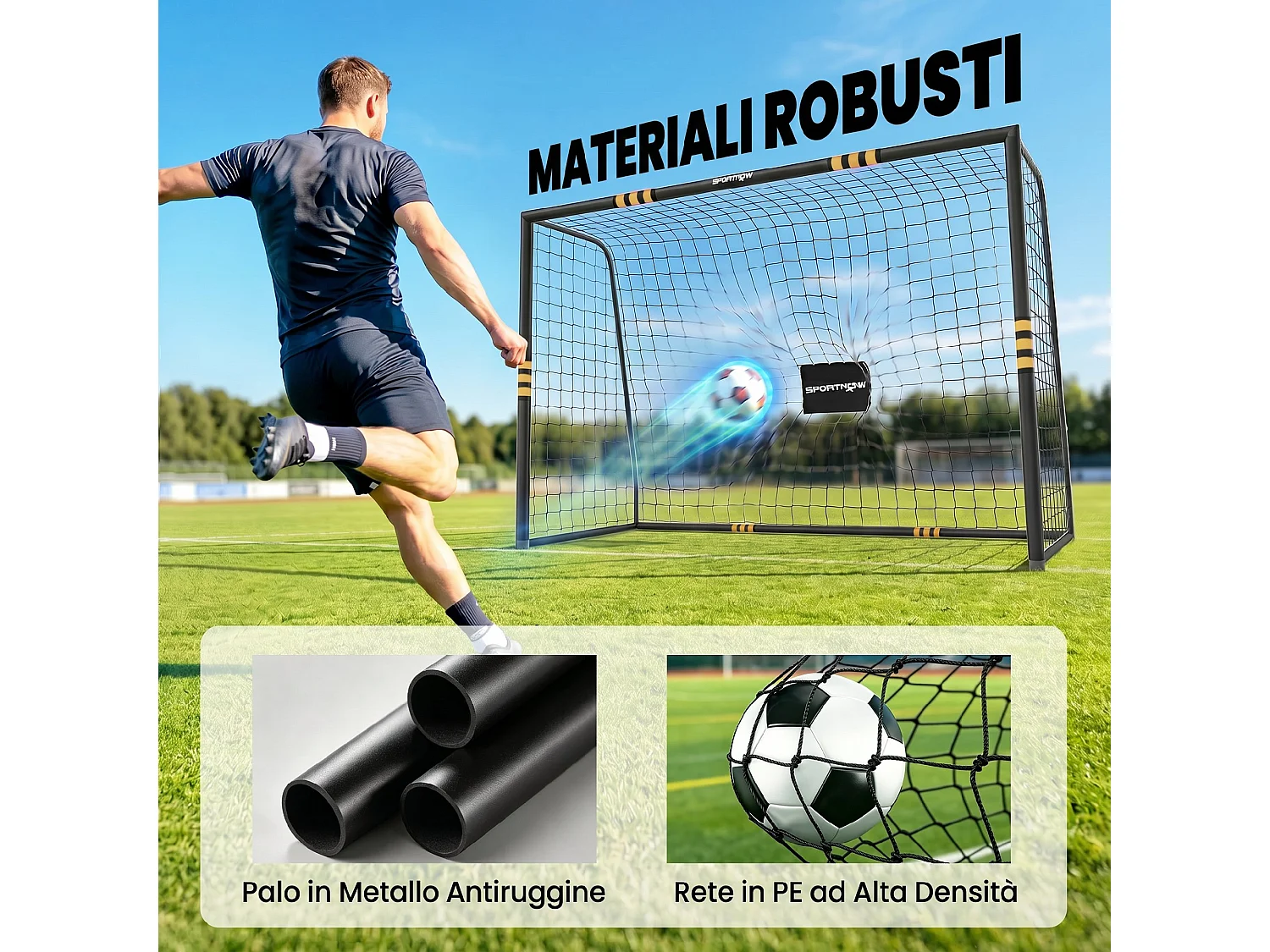 Porta da calcio con rete in metallo gialla