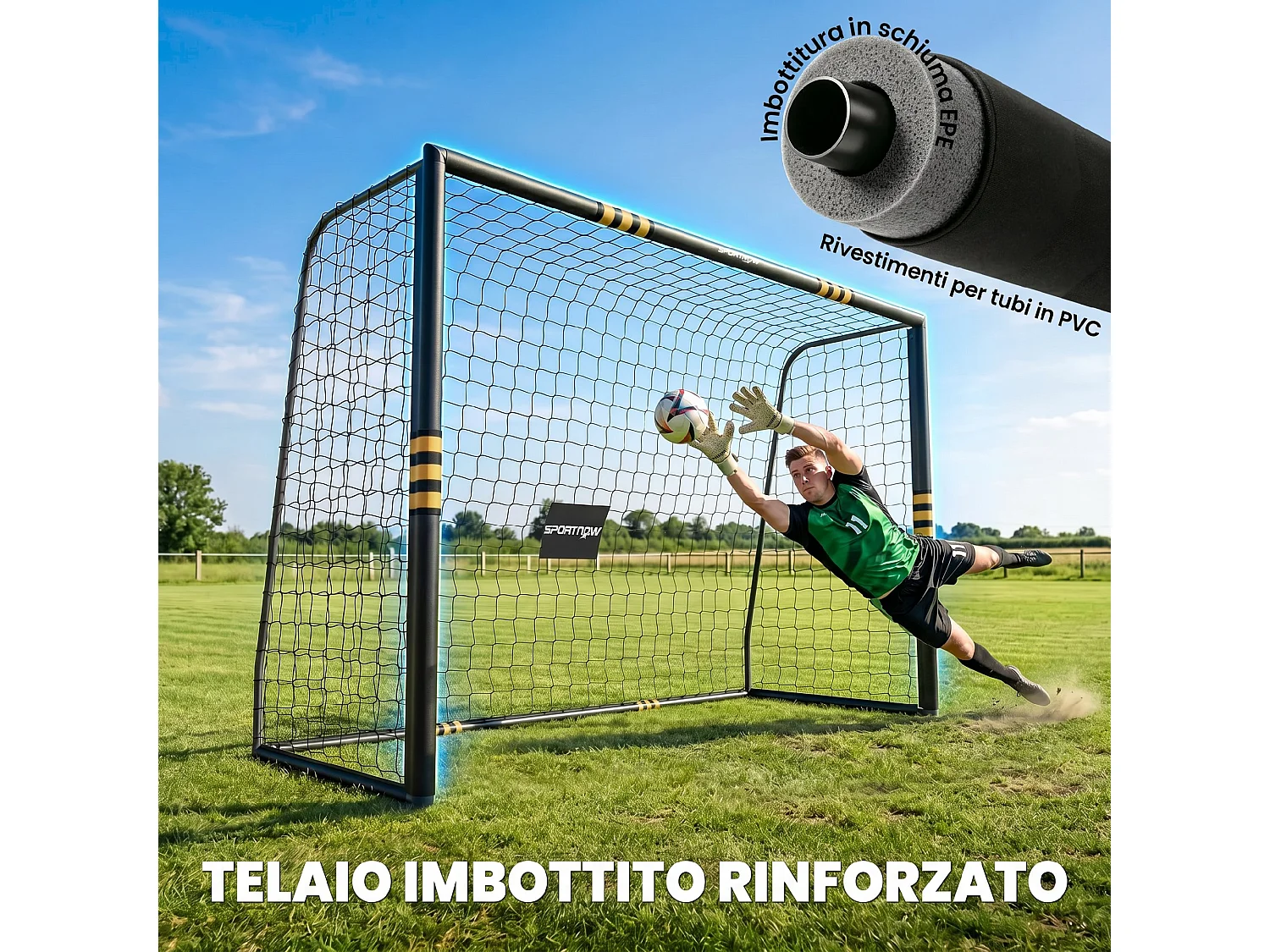Porta da calcio con rete in metallo gialla