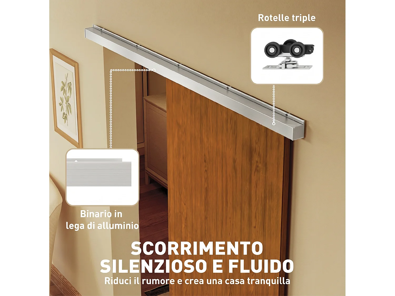 Porta scorrevole con binario silenzioso 90x210 cm in mdf marrone