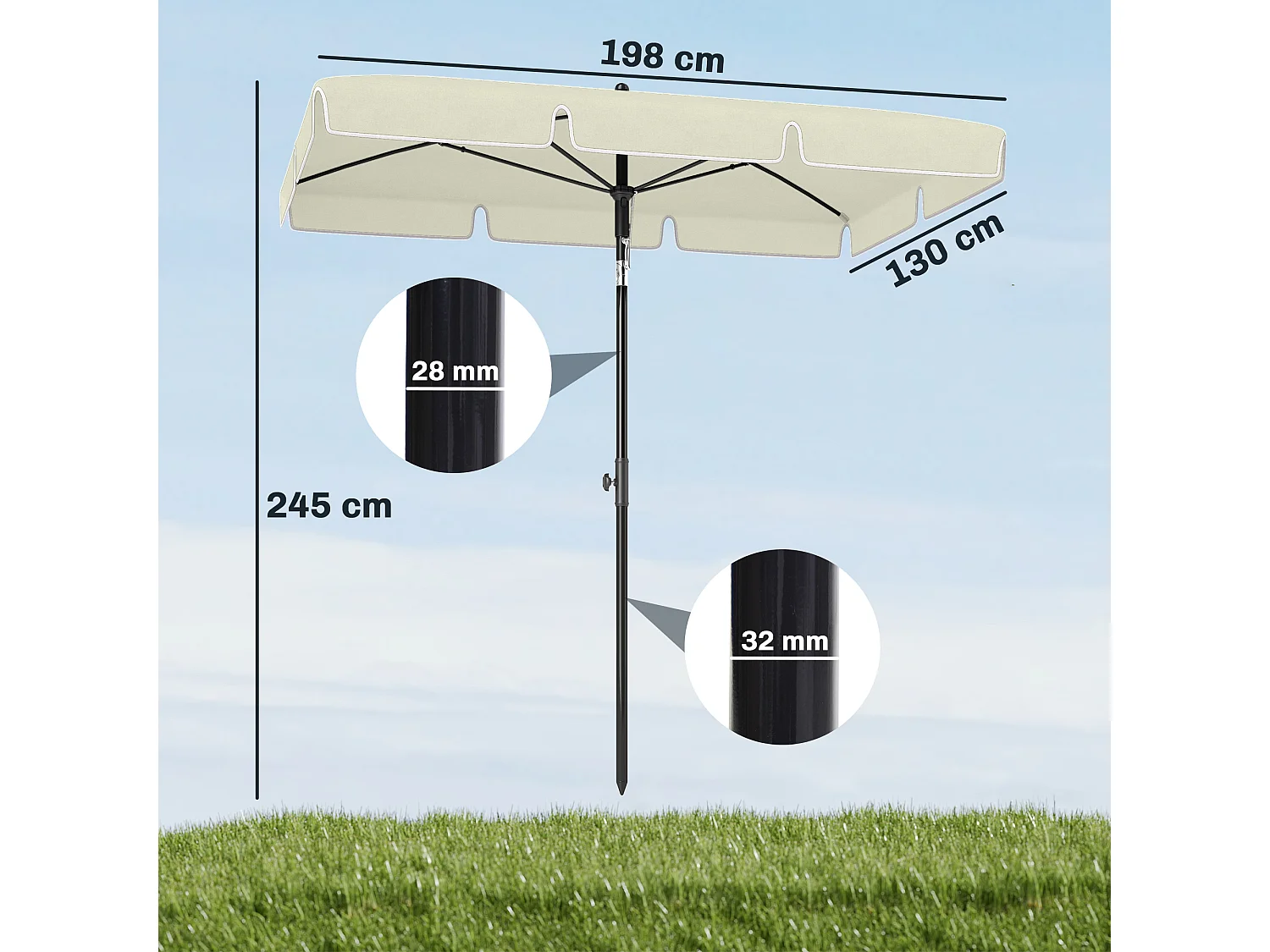 Ombrellone da giardino 2x1.3 m rettangolare inclinabile beige