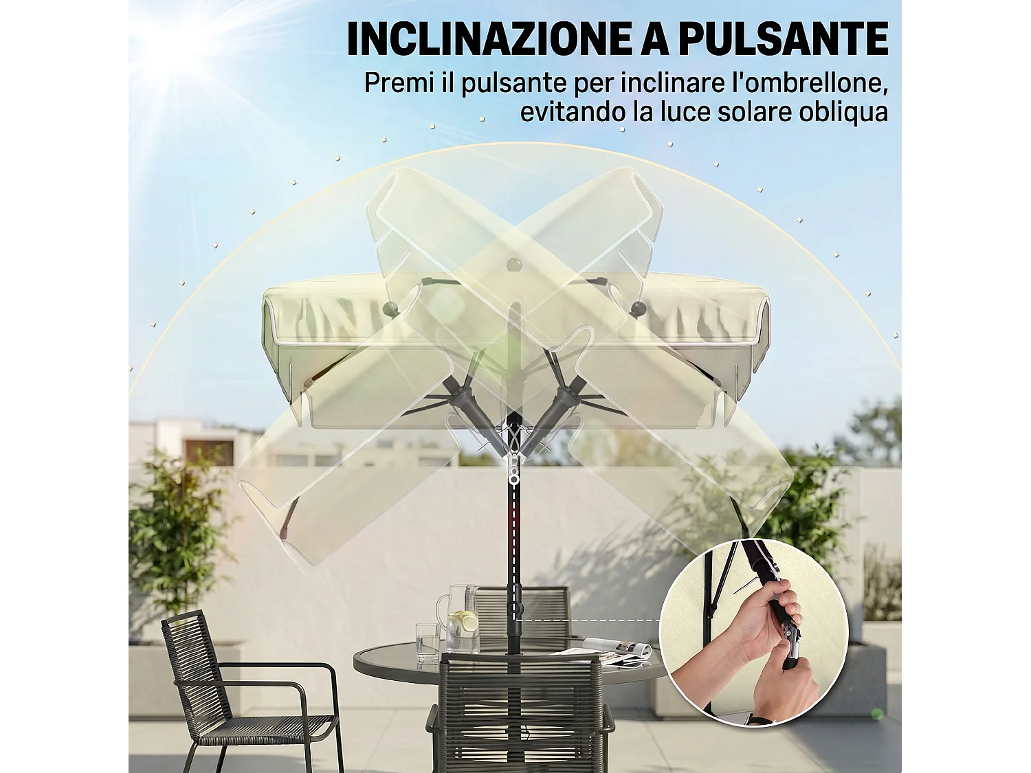 Ombrellone da giardino 2x1.3 m rettangolare inclinabile beige