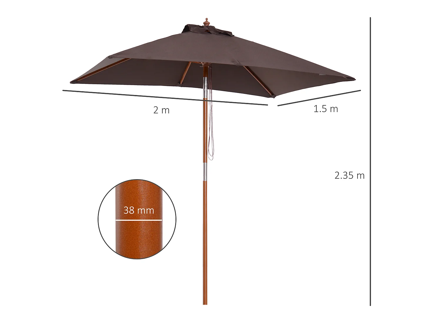 Ombrellone rettangolare inclinabile 2x1.5 m con cordicella caffè
