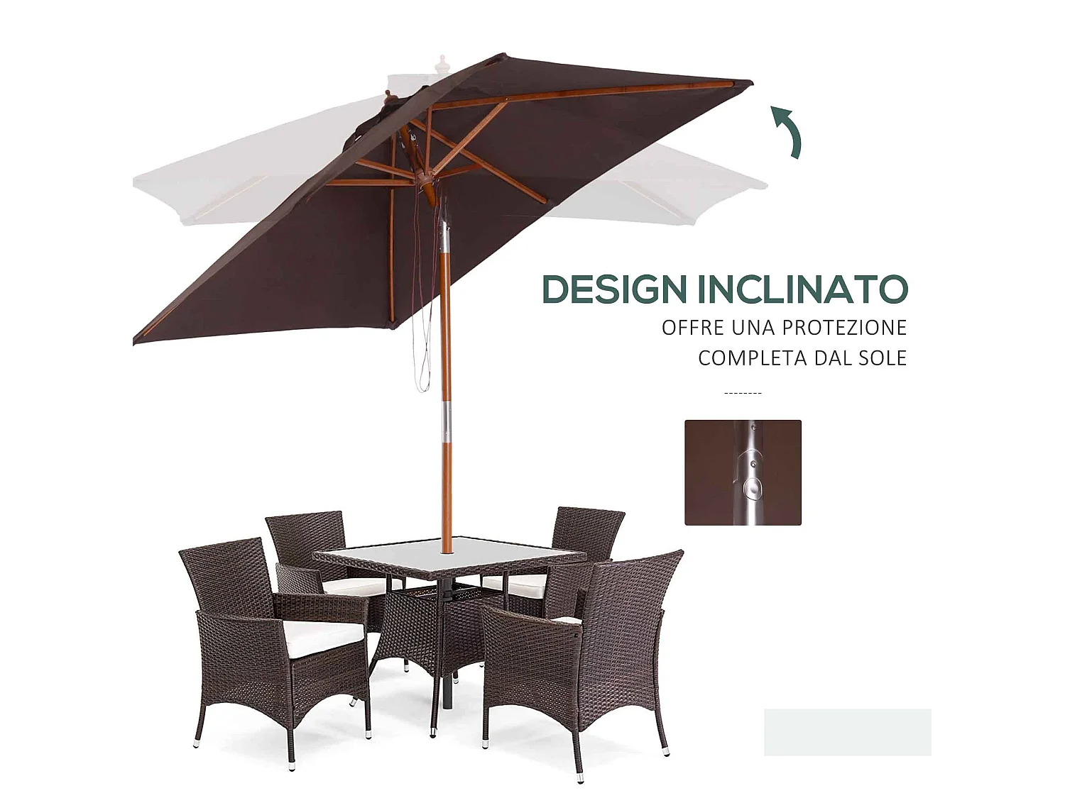 Ombrellone rettangolare inclinabile 2x1.5 m con cordicella caffè