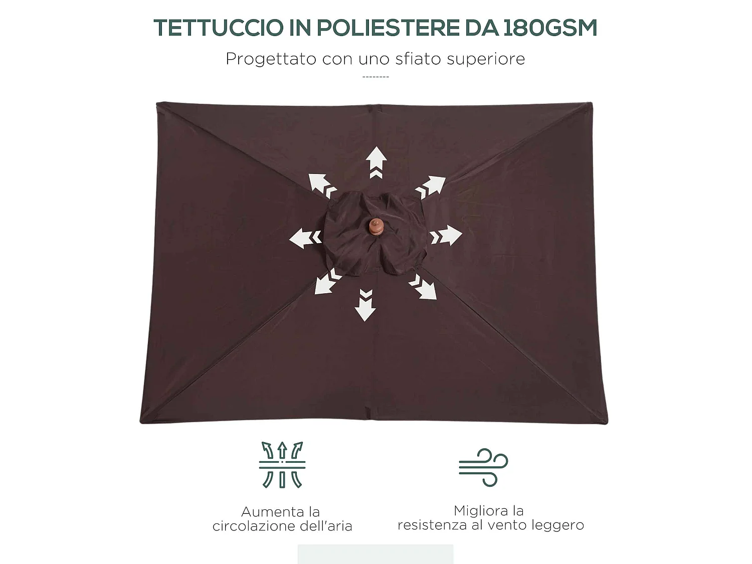 Ombrellone rettangolare inclinabile 2x1.5 m con cordicella caffè