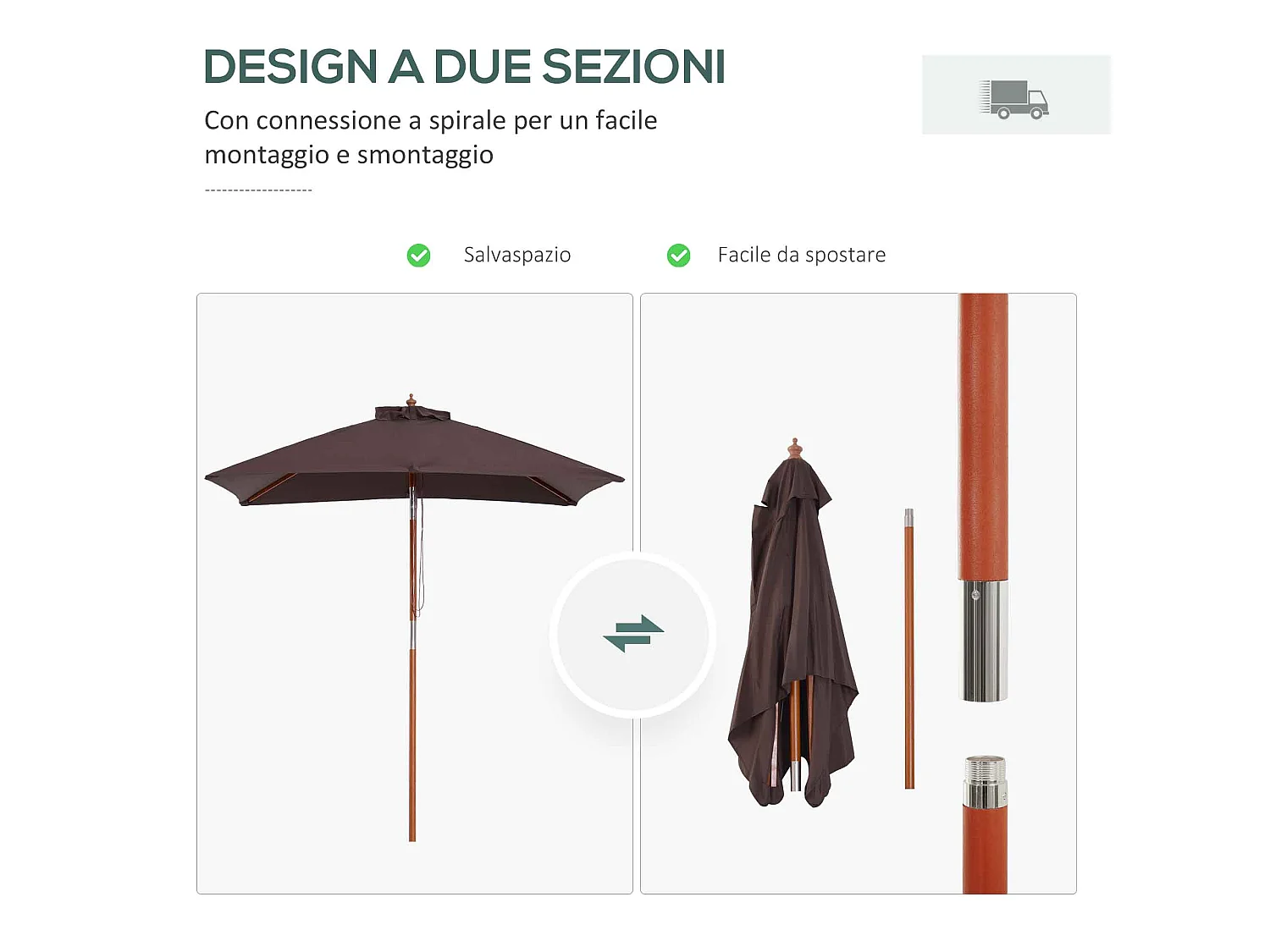 Ombrellone rettangolare inclinabile 2x1.5 m con cordicella caffè
