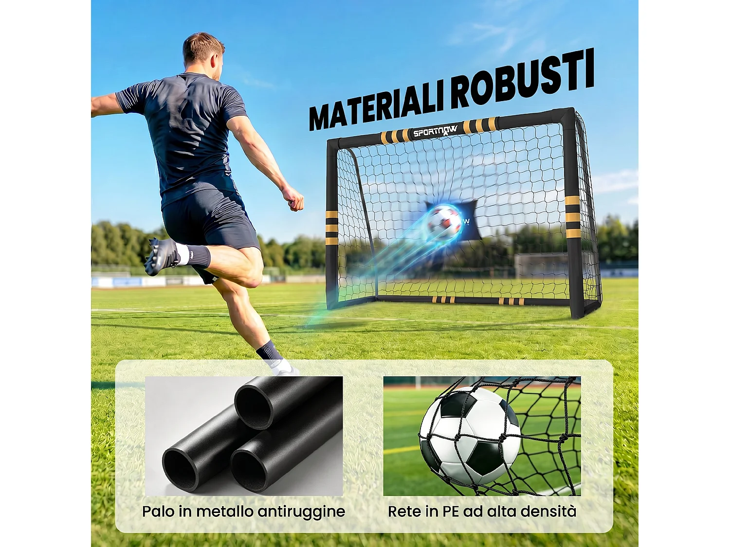 Porta da calcio portatile in metallo e pvc bianco