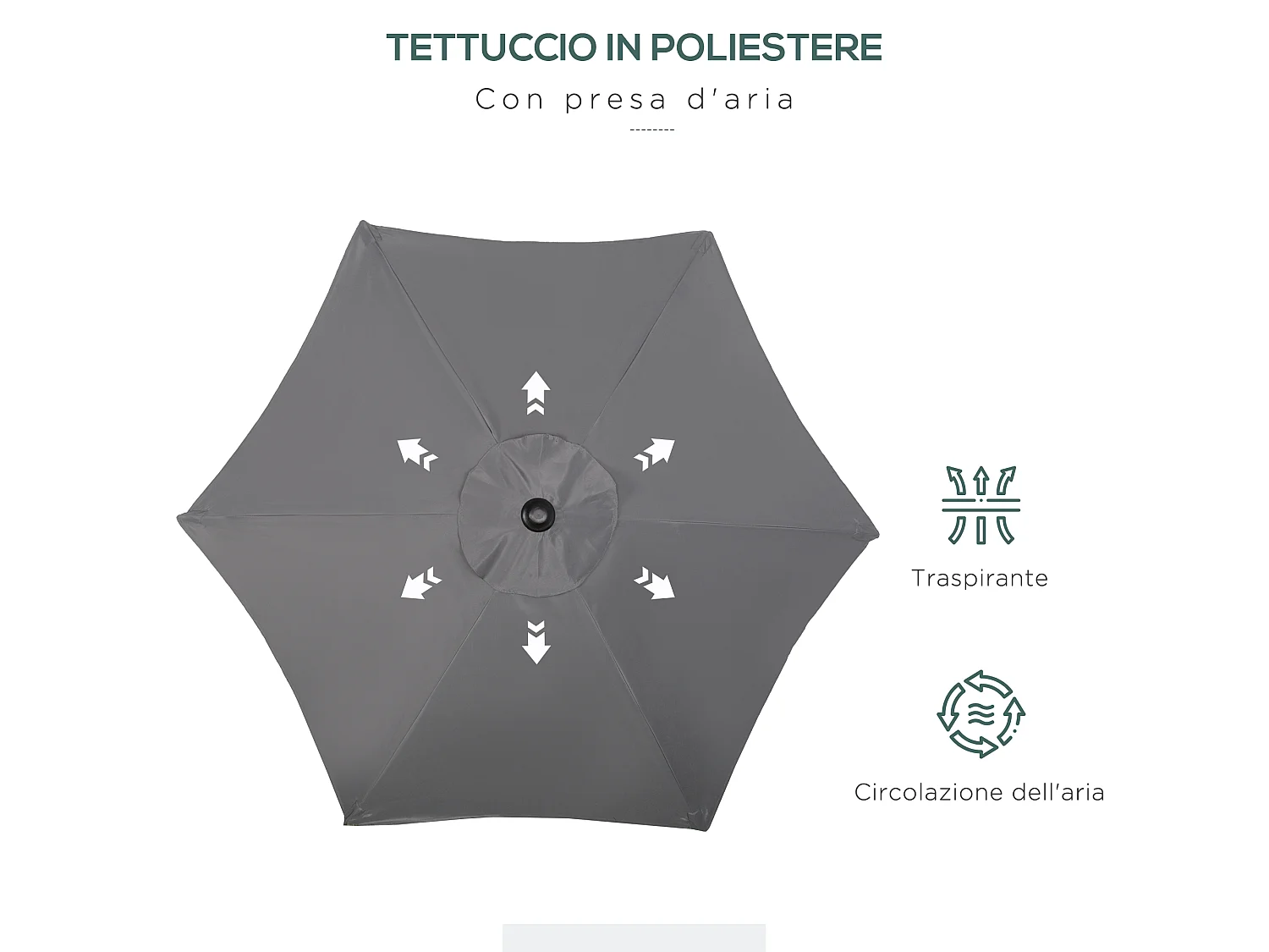Ombrellone da giardino 2x2 m con presa d'aria superiore grigio scuro