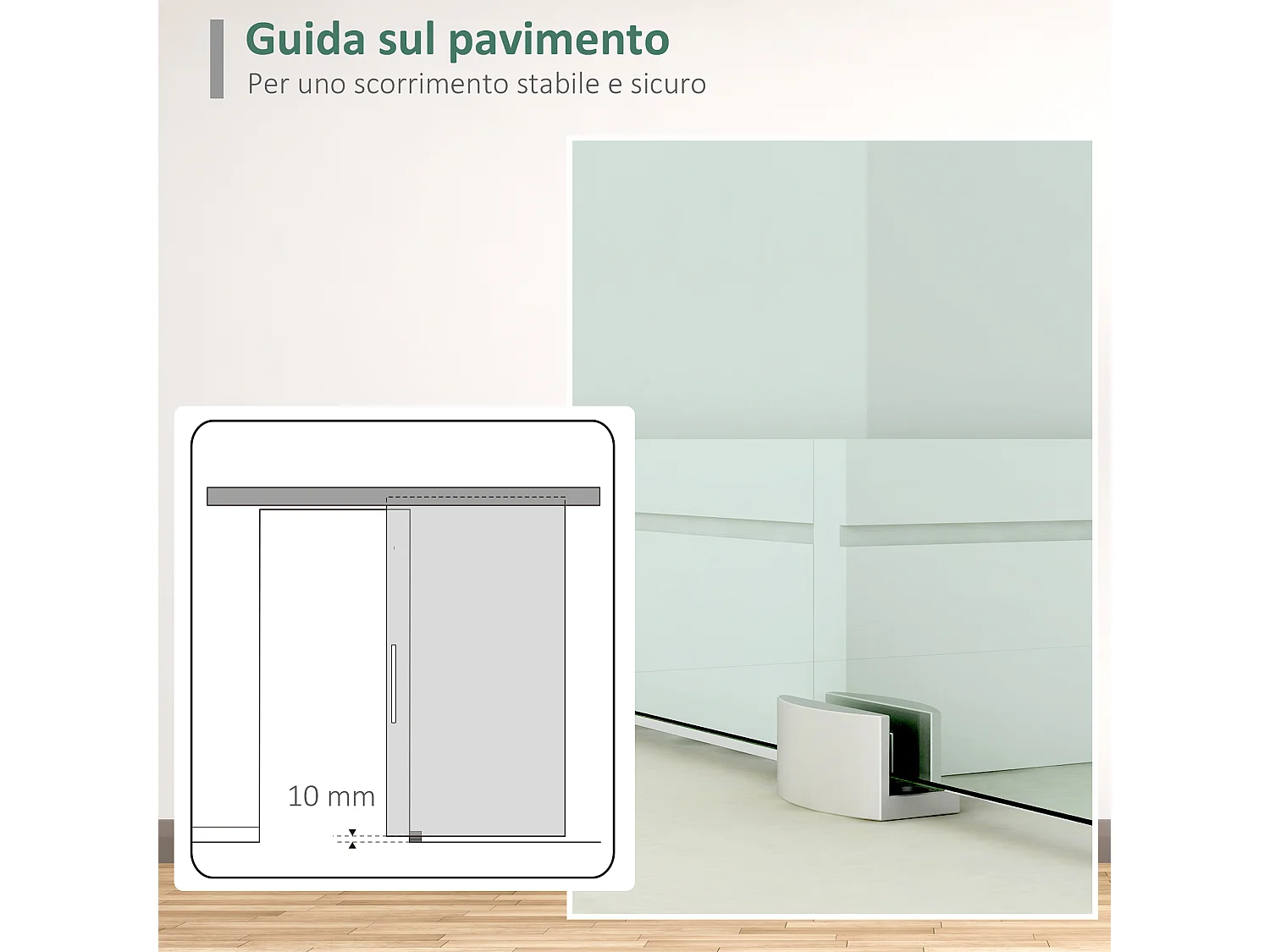 Porta scorrevole in vetro trasparente e binario in alluminio