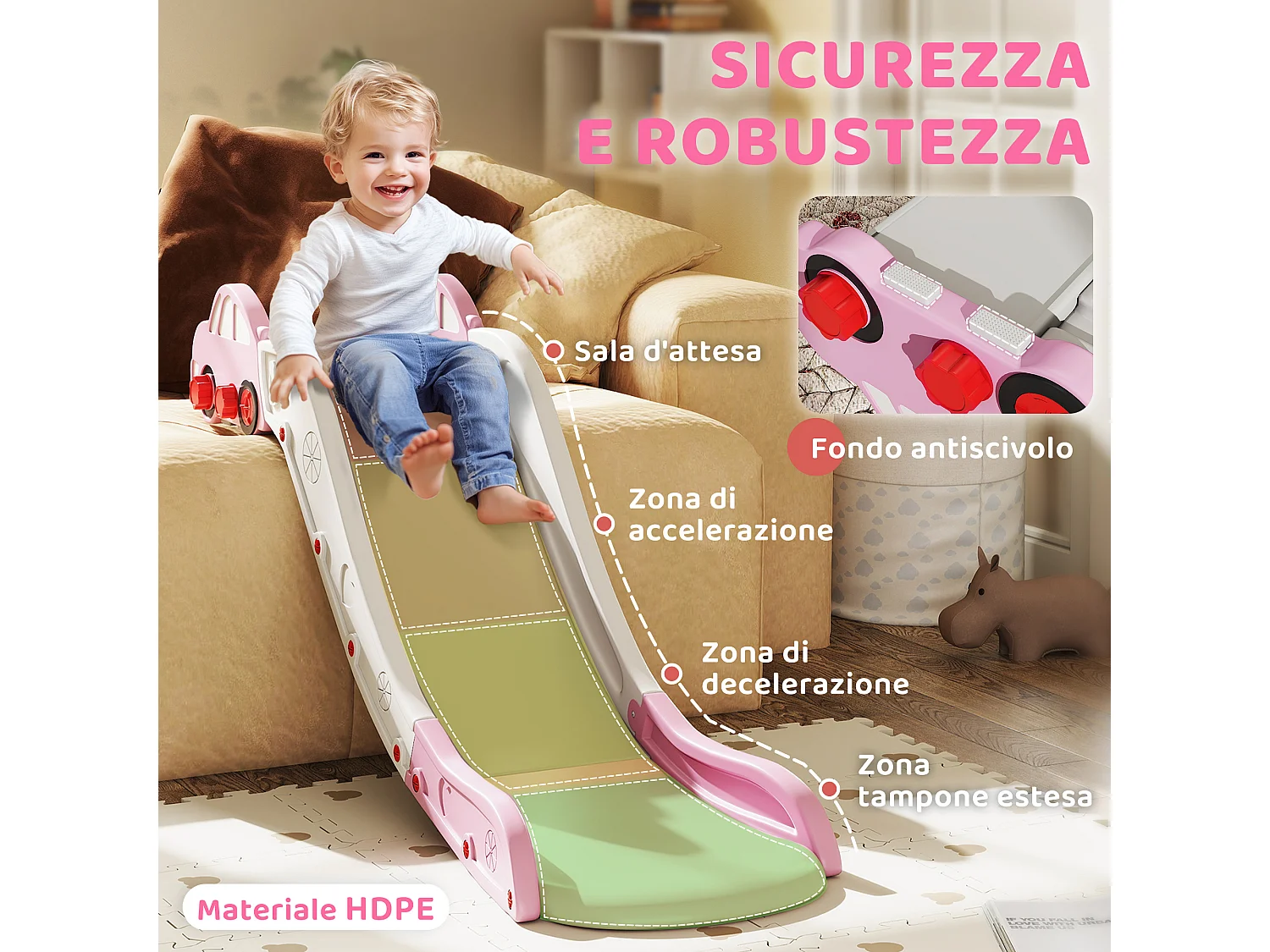 Scivolo per bambini con zona di ammortizzazione integrata rosa