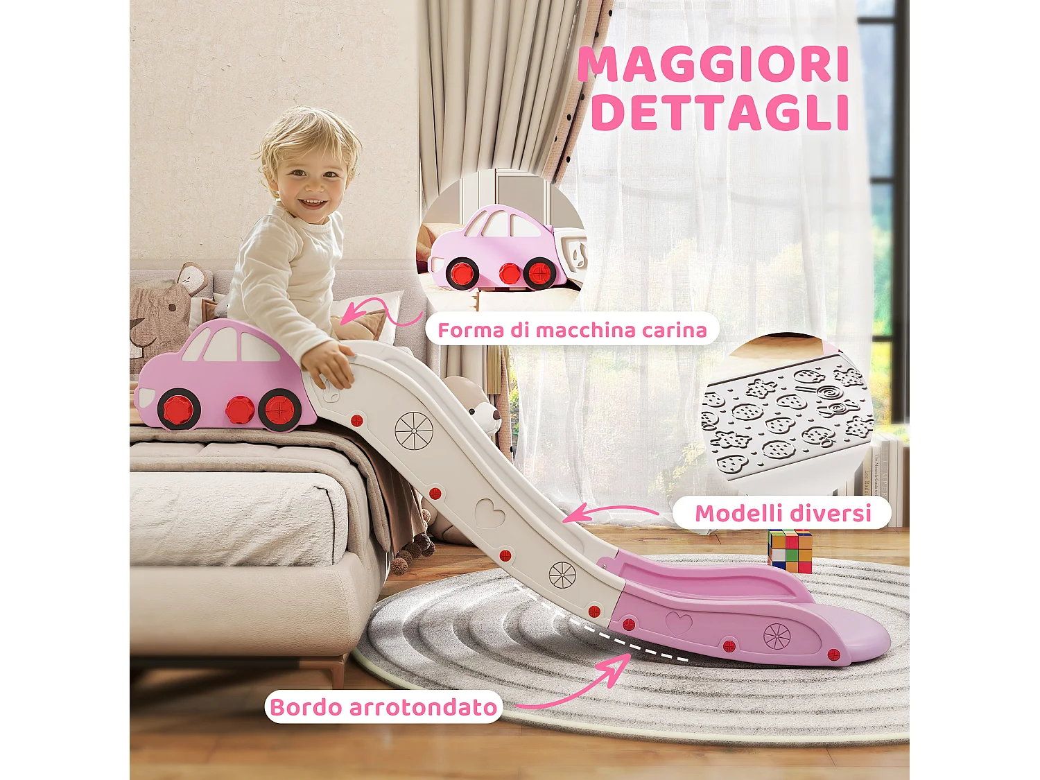 Scivolo per bambini con zona di ammortizzazione integrata rosa