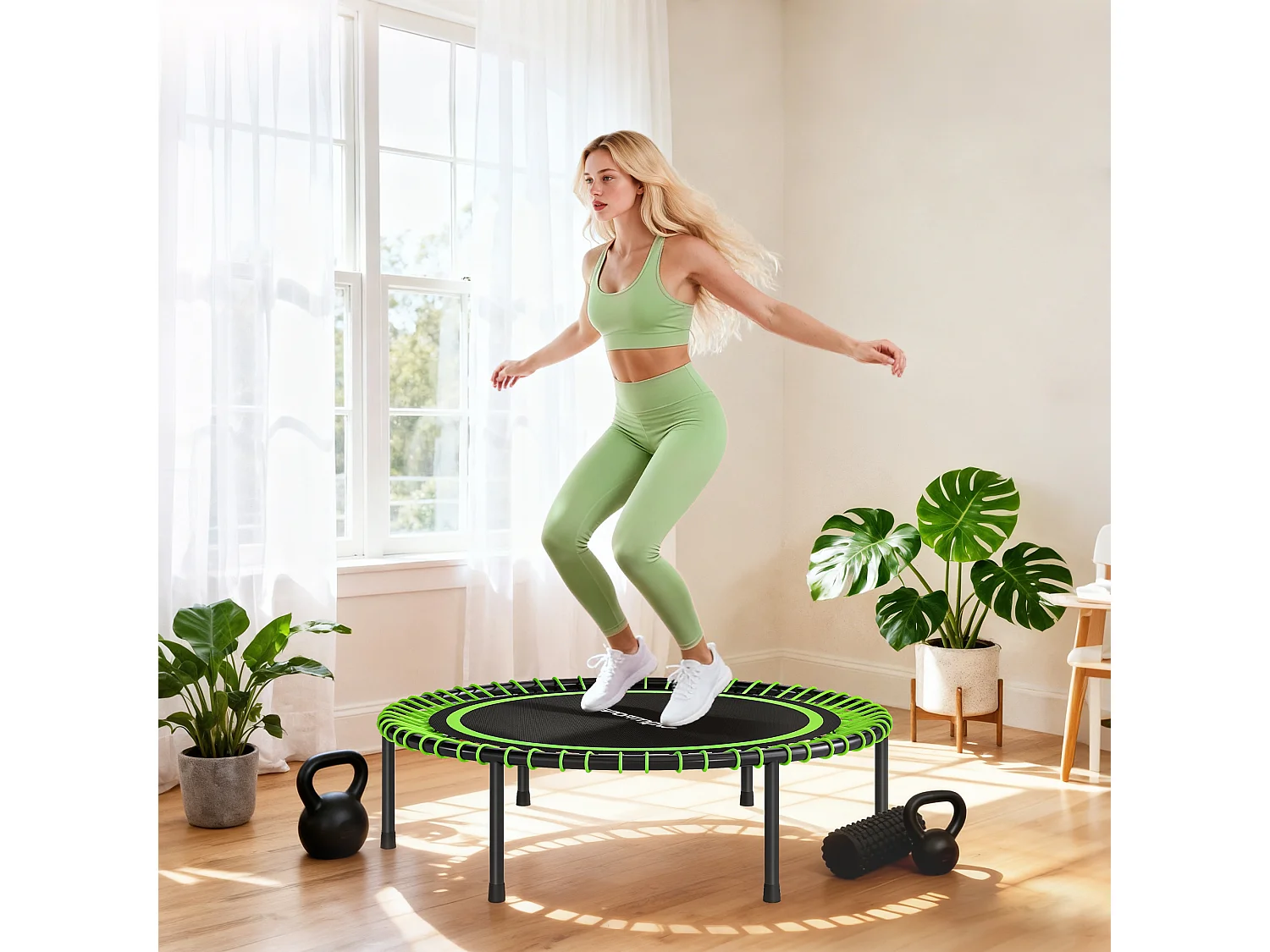 Trampolino elastico fitness a 36 corde in acciaio pp Ø114x31 cm verde