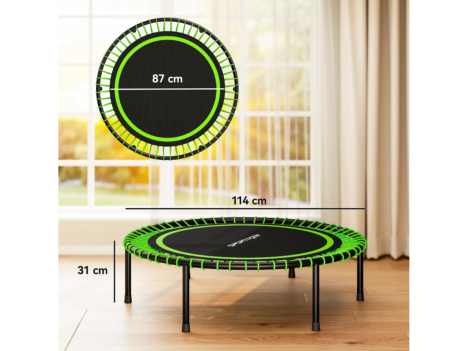 Trampolino elastico fitness a 36 corde in acciaio pp Ø114x31 cm verde
