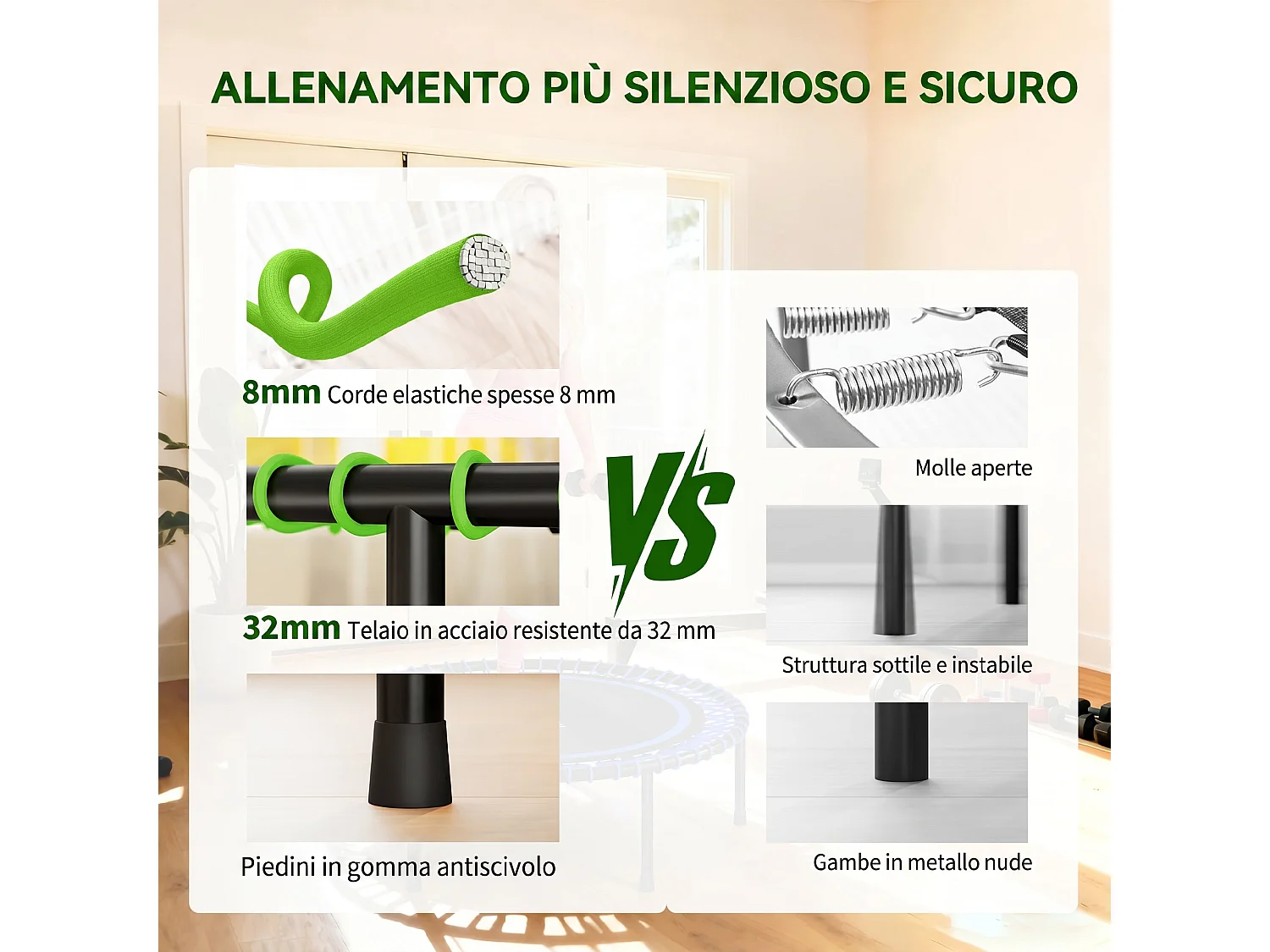 Trampolino elastico fitness a 36 corde in acciaio pp Ø114x31 cm verde