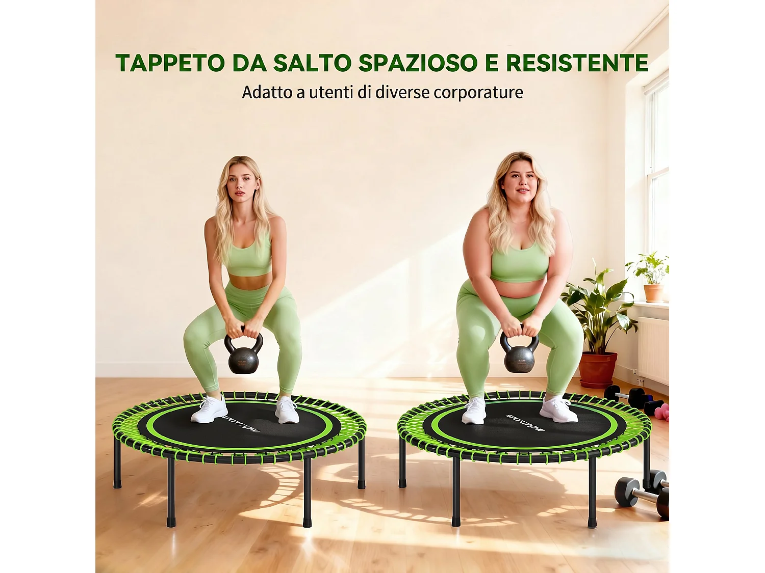 Trampolino elastico fitness a 36 corde in acciaio pp Ø114x31 cm verde