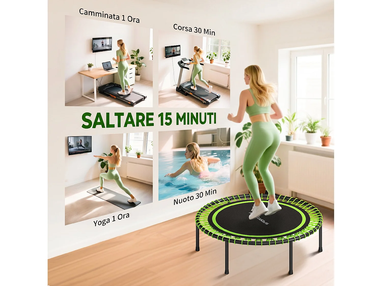 Trampolino elastico fitness a 36 corde in acciaio pp Ø114x31 cm verde