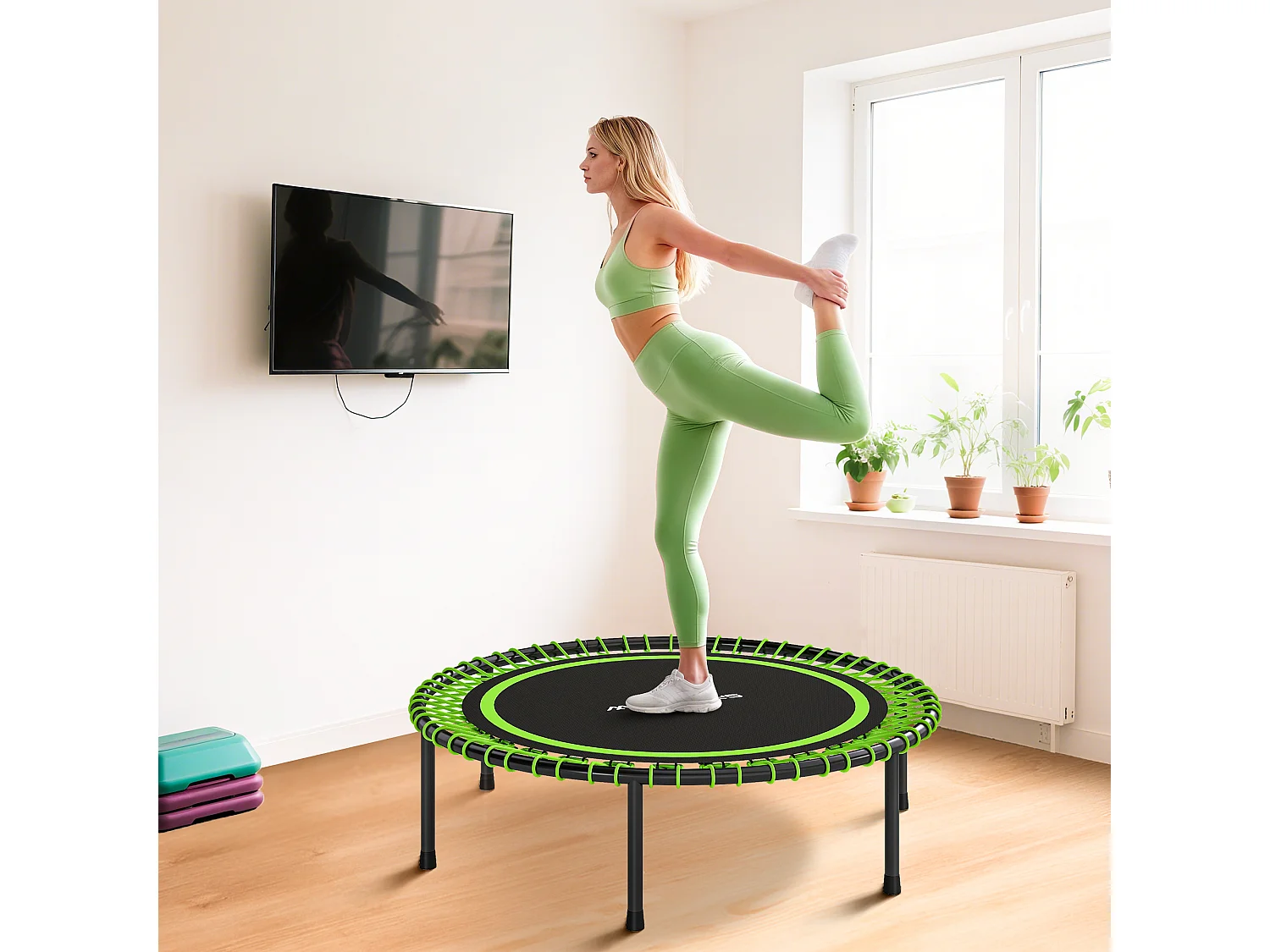 Trampolino elastico fitness a 36 corde in acciaio pp Ø114x31 cm verde