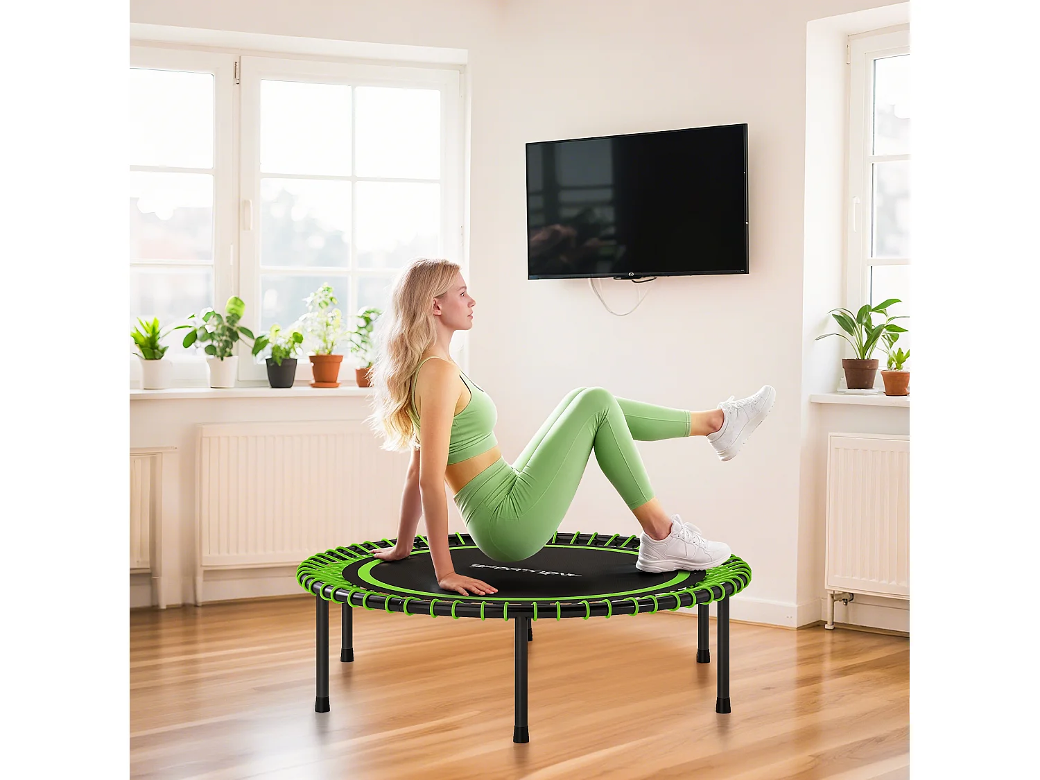 Trampolino elastico fitness a 36 corde in acciaio pp Ø114x31 cm verde
