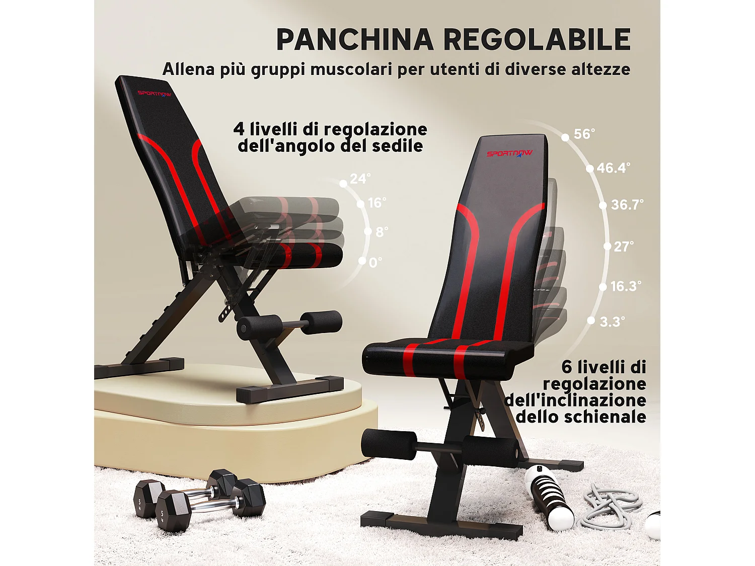 Panca palestra pieghevole, schienale regolabile a 6 livelli