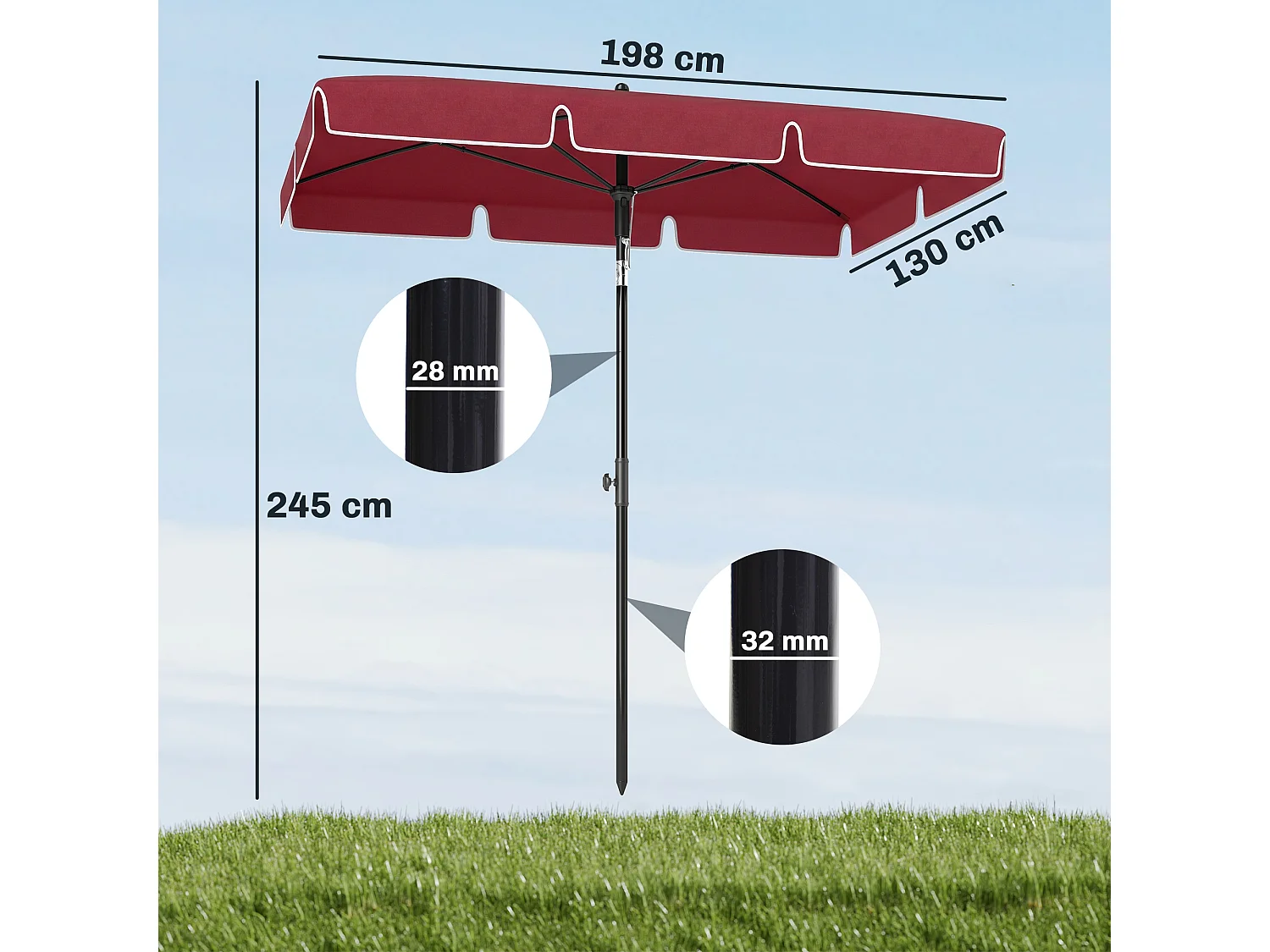 Ombrellone da giardino rettangolare inclinabile 2x2.4 m rosso