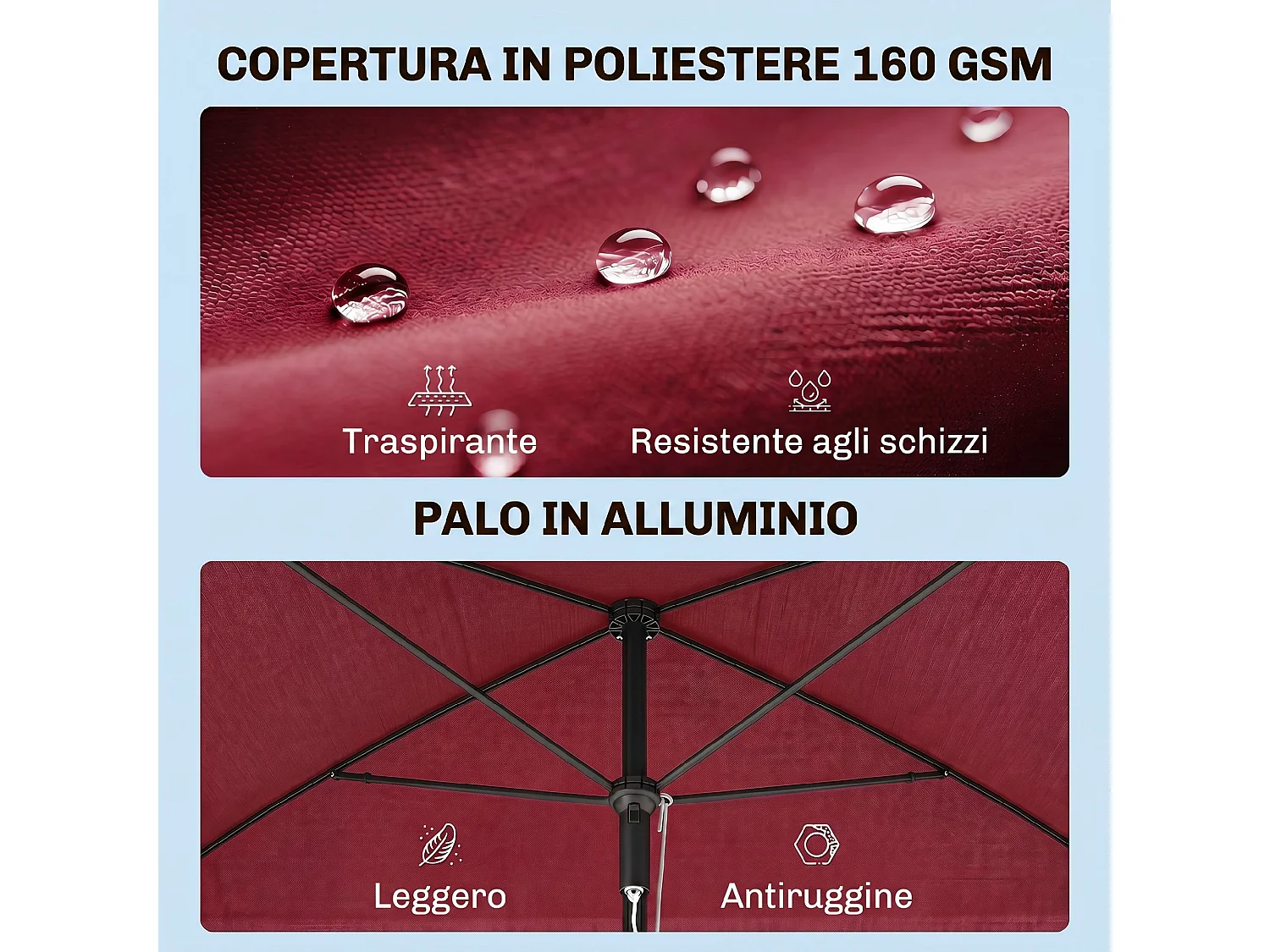 Ombrellone da giardino rettangolare inclinabile 2x2.4 m rosso