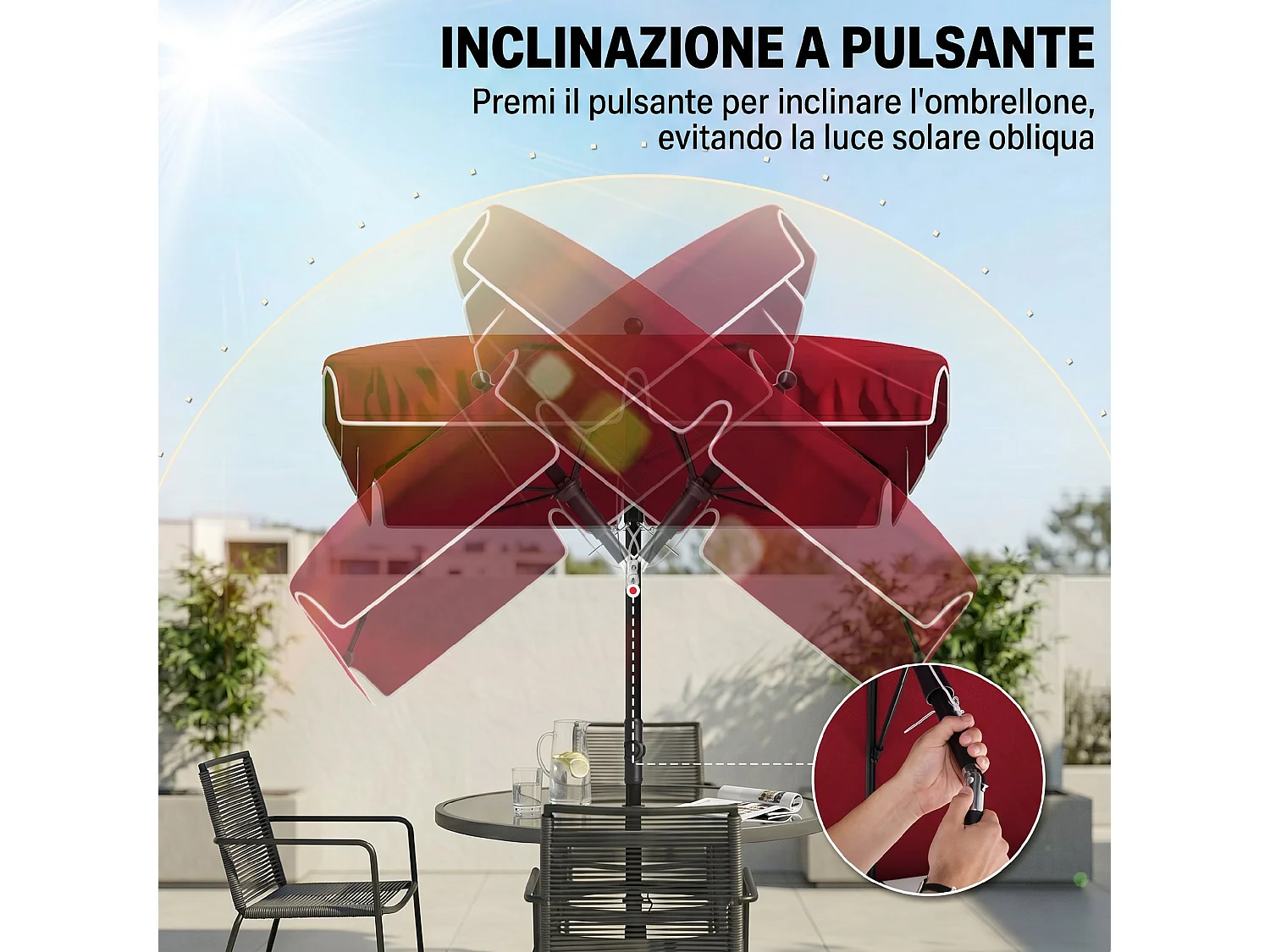 Ombrellone da giardino rettangolare inclinabile 2x2.4 m rosso