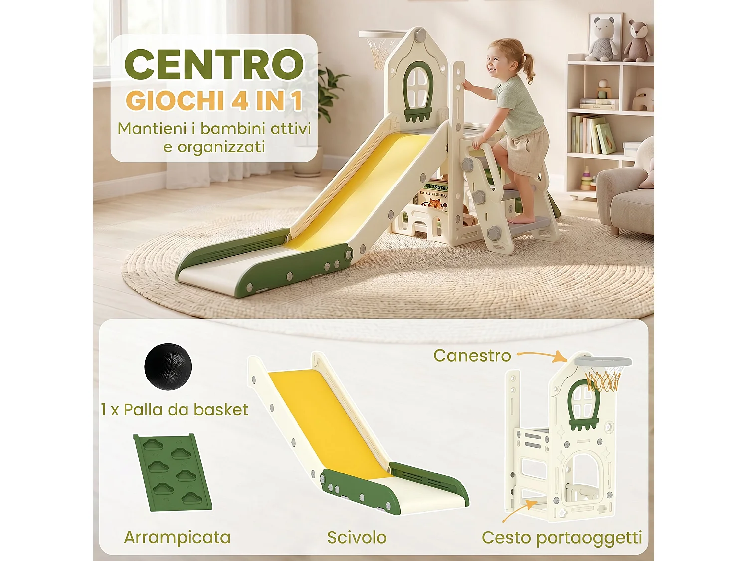 Scivolo per bambini con arrampicata canestro gradini e pallone crema